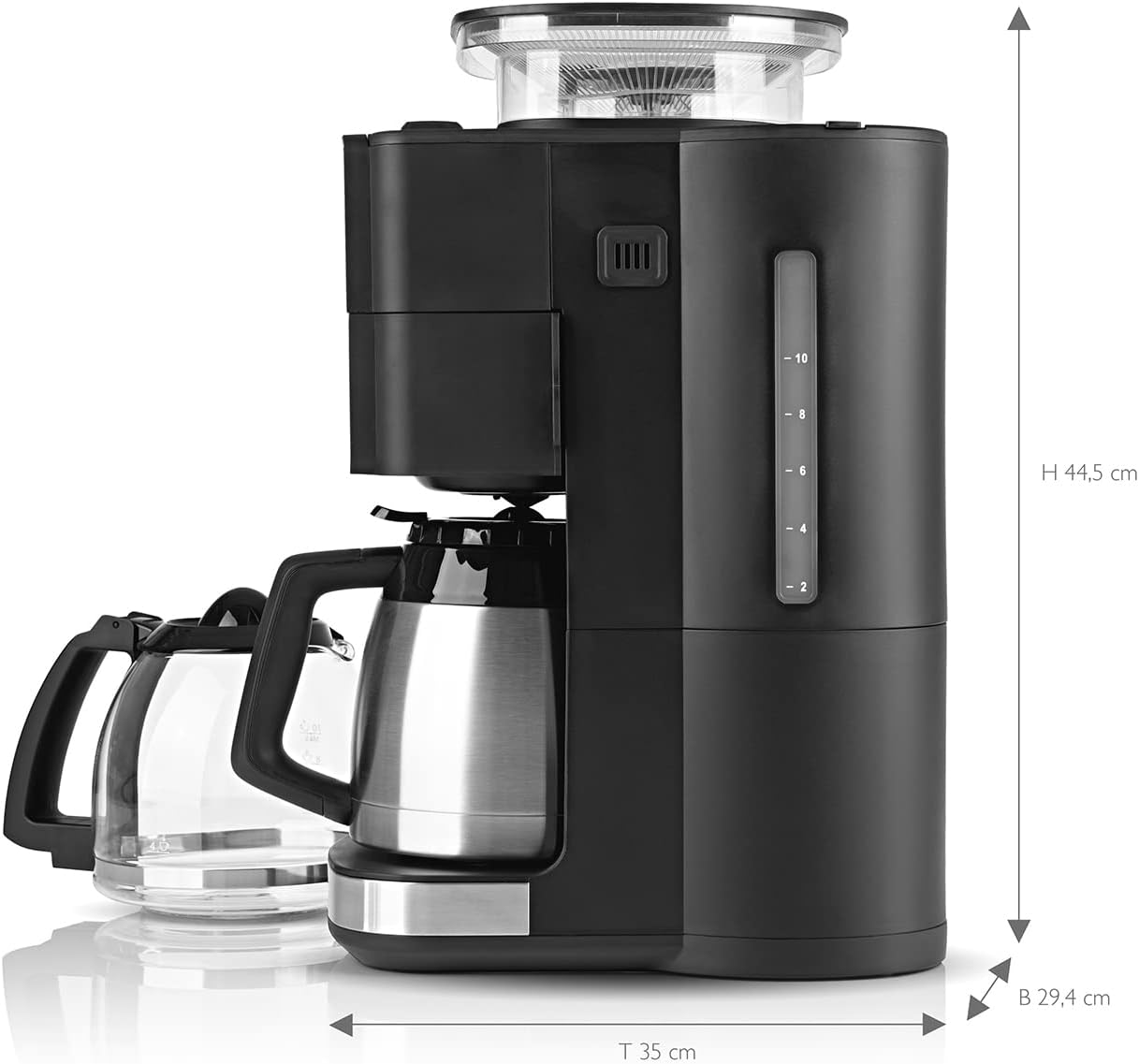 BEEM FRESH-AROMA-PERFECT III Filterkaffeemaschine mit Mahlwerk - Duo | Mit Thermos- & Glaskanne | Aroma-Plus-Funktion | 24-H-Timer | 1000 W | für bis zu je 10 Tassen [Edelstahl]