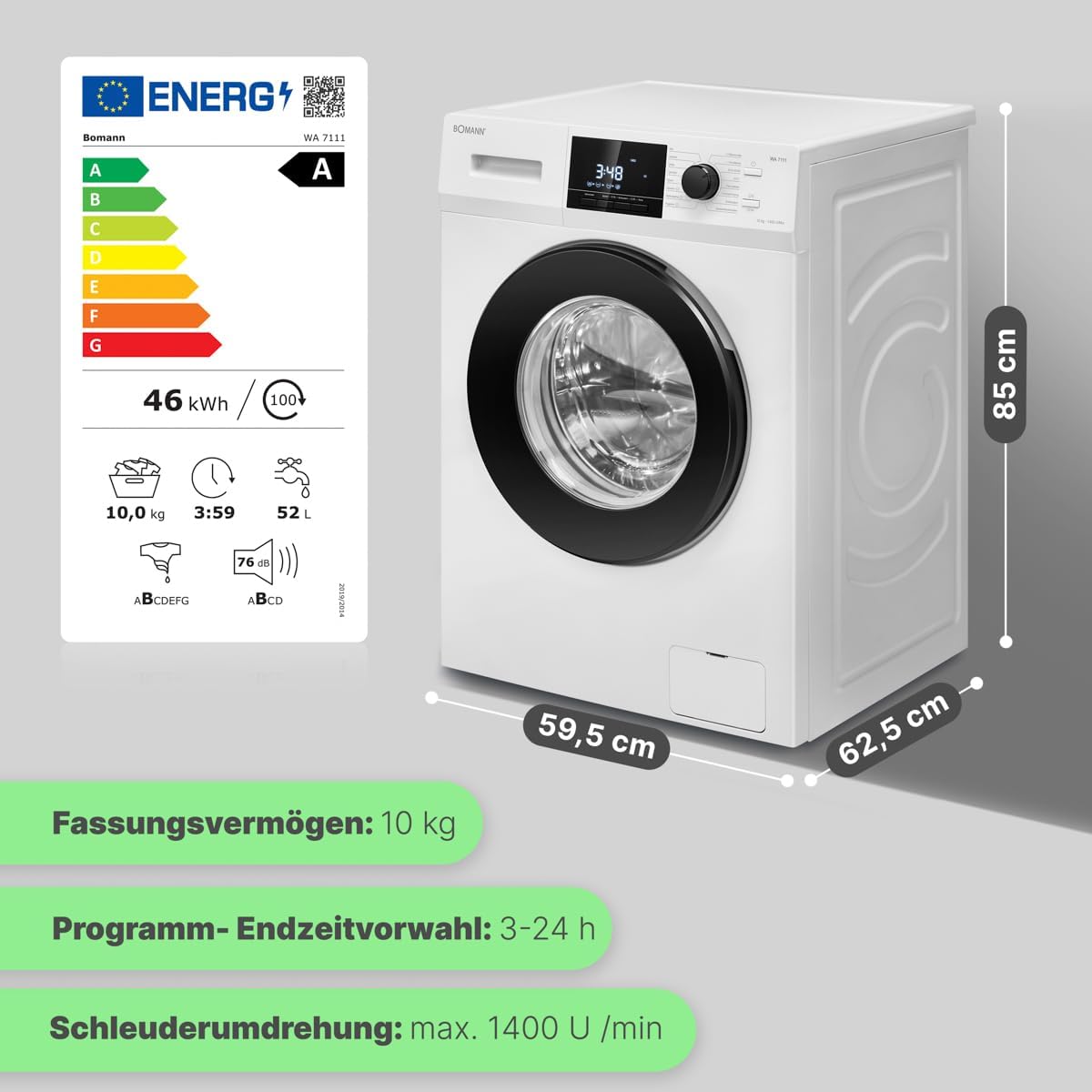 Bomann® Waschmaschine 10kg | max. 1400 U/min | 10 Jahre Motor-Garantie | effizienter, leiser & langlebiger Invertermotor | 15 Programme | Endzeitvorwahl | LED-Display | Washing Machine WA 7110