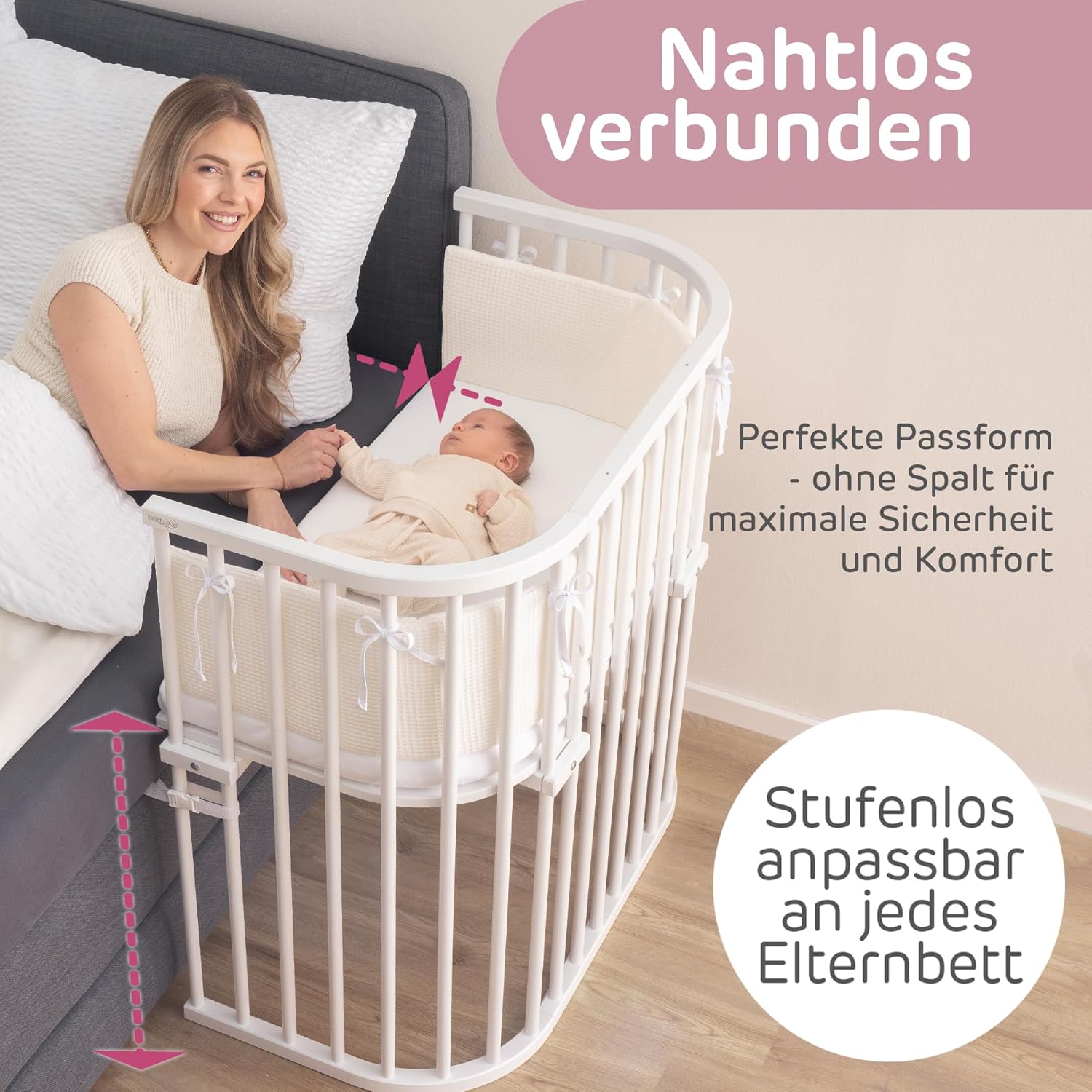 babybay Original Beistellbett aus massivem Buchenholz / kompakt & verwandelbar / Kinderbett Höhe stufenlos verstellbar & umweltfreundlich / mitwachsendes Babybett (weiß lackiert) / inkl. Matratze