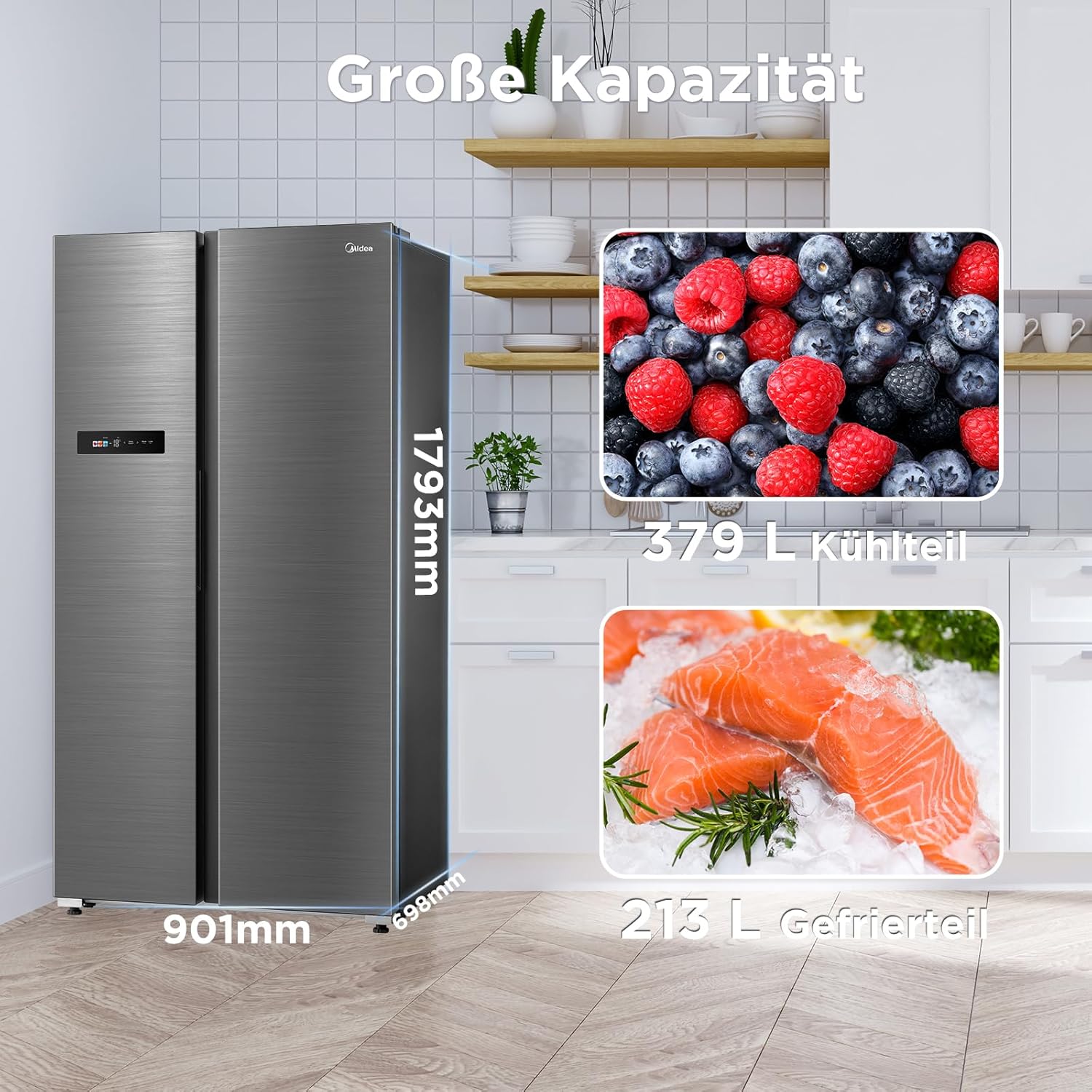 Midea KS-DDX 6.32 WT Side-by-Side Kühl-/Gefrierkombination/ 178,8 cm Hhe/ 254 kWh/Jahr/No Frost/Dual Inverter Compressor/mit 3in1 Wasser-/Eisspender und Wassertank, Dark Inox