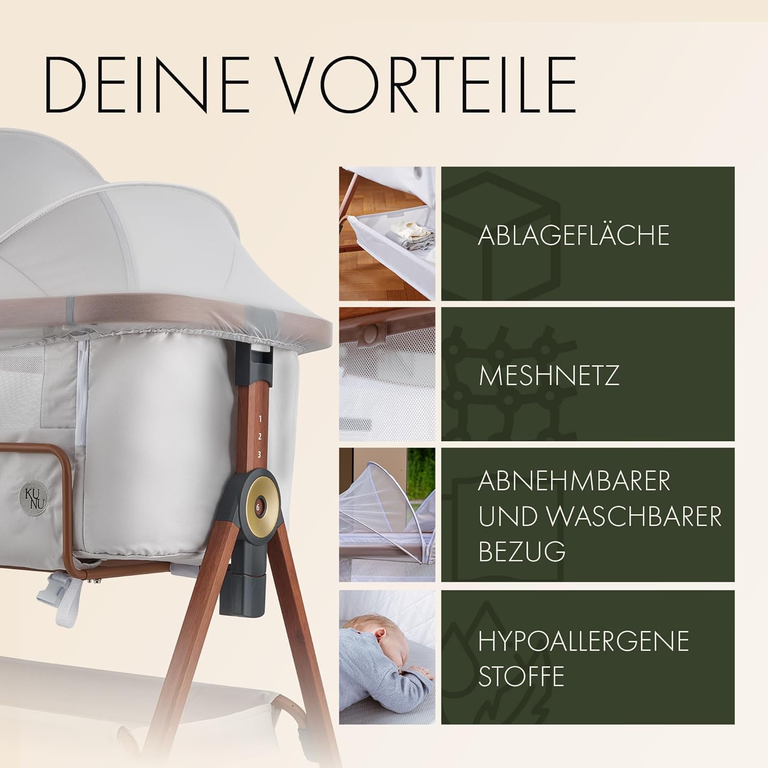 KUNU neues Baby-Beistellbett - Von Eltern für Eltern - Skandinavisches Design - Rollbar & Wiegefunktion - Höhenverstellbar - Babyoptimierte Matratze - inkl. Reisetasche