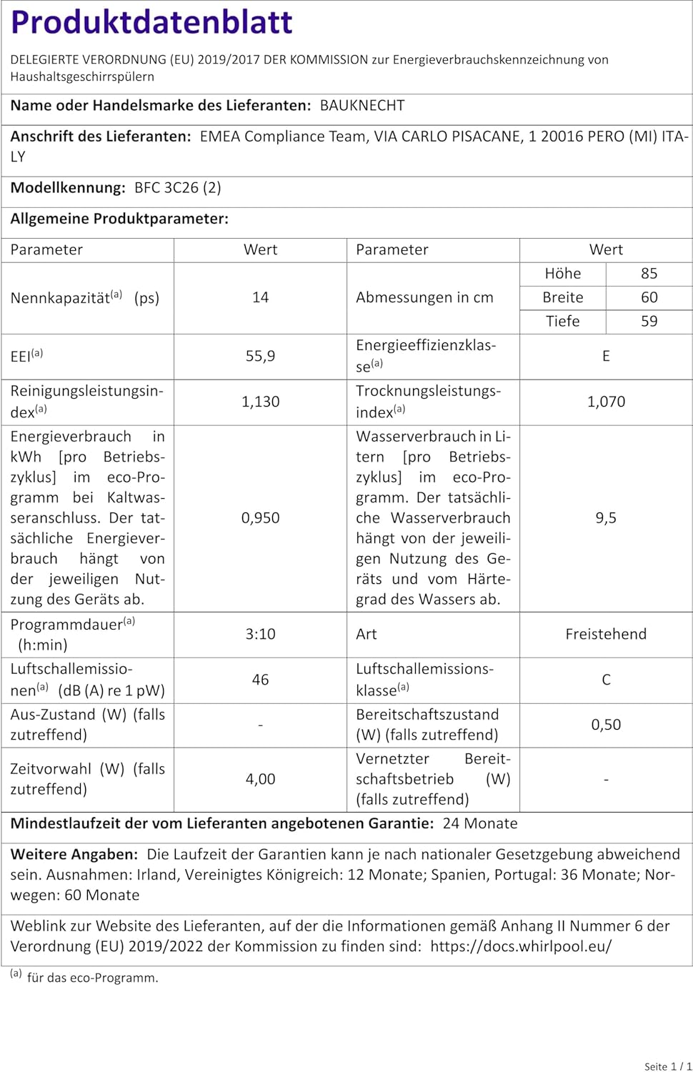 Bauknecht B2F HD624 A Freistehender Geschirrspüler/ 60 CM/ 14 Maßgedecke/Hygieneprogramm/Vollwasserschutz/Startzeitvorwahl