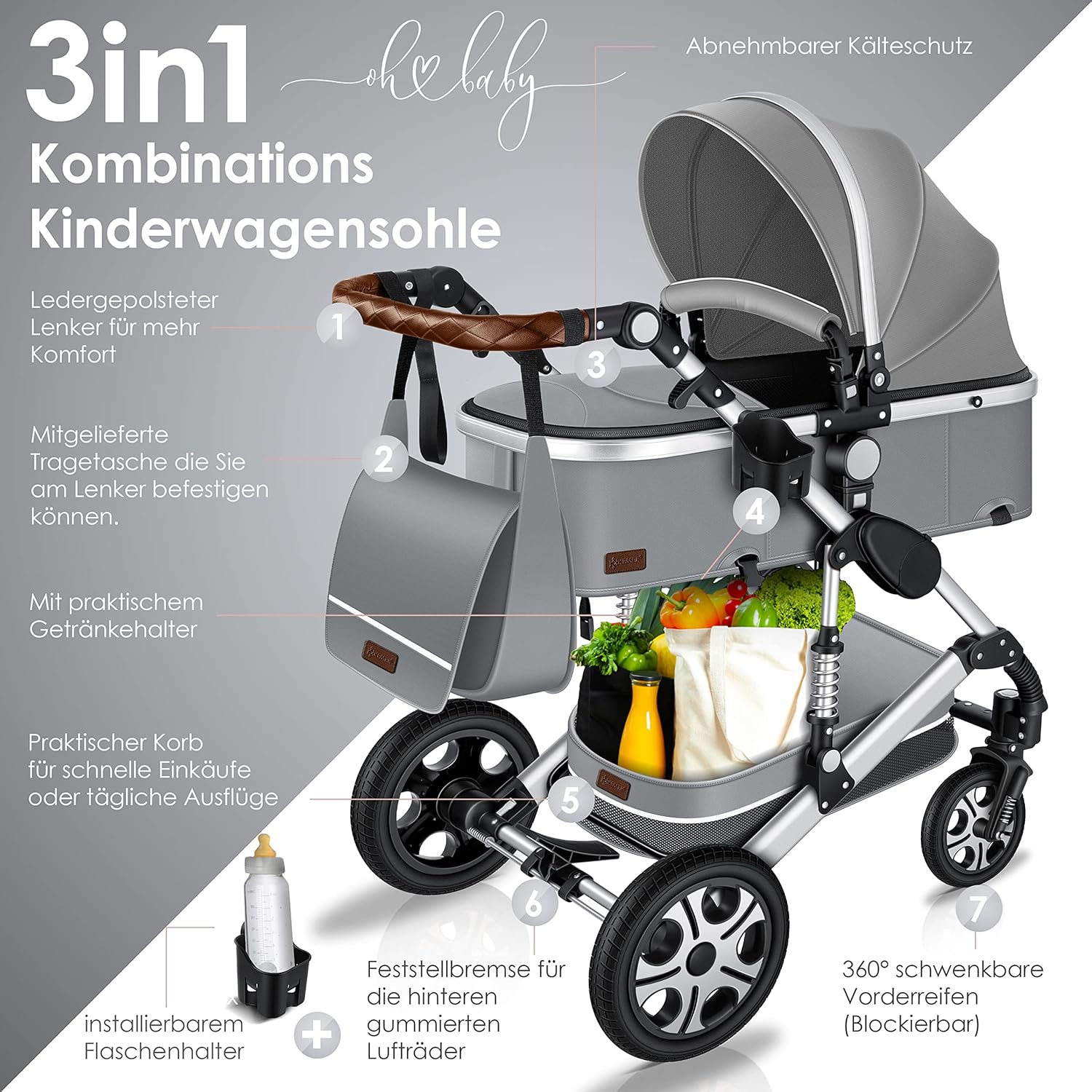 KESSER Loops 3 in 1 Kinderwagen Kombikinderwagen Komplett-Set inkl. Babywanne & Buggy Sportsitz & Auto-Babyschale Voll-Gummireifen Wickeltasche Regenschutz Kindertisch ECE R129, Schwarz/Champagne