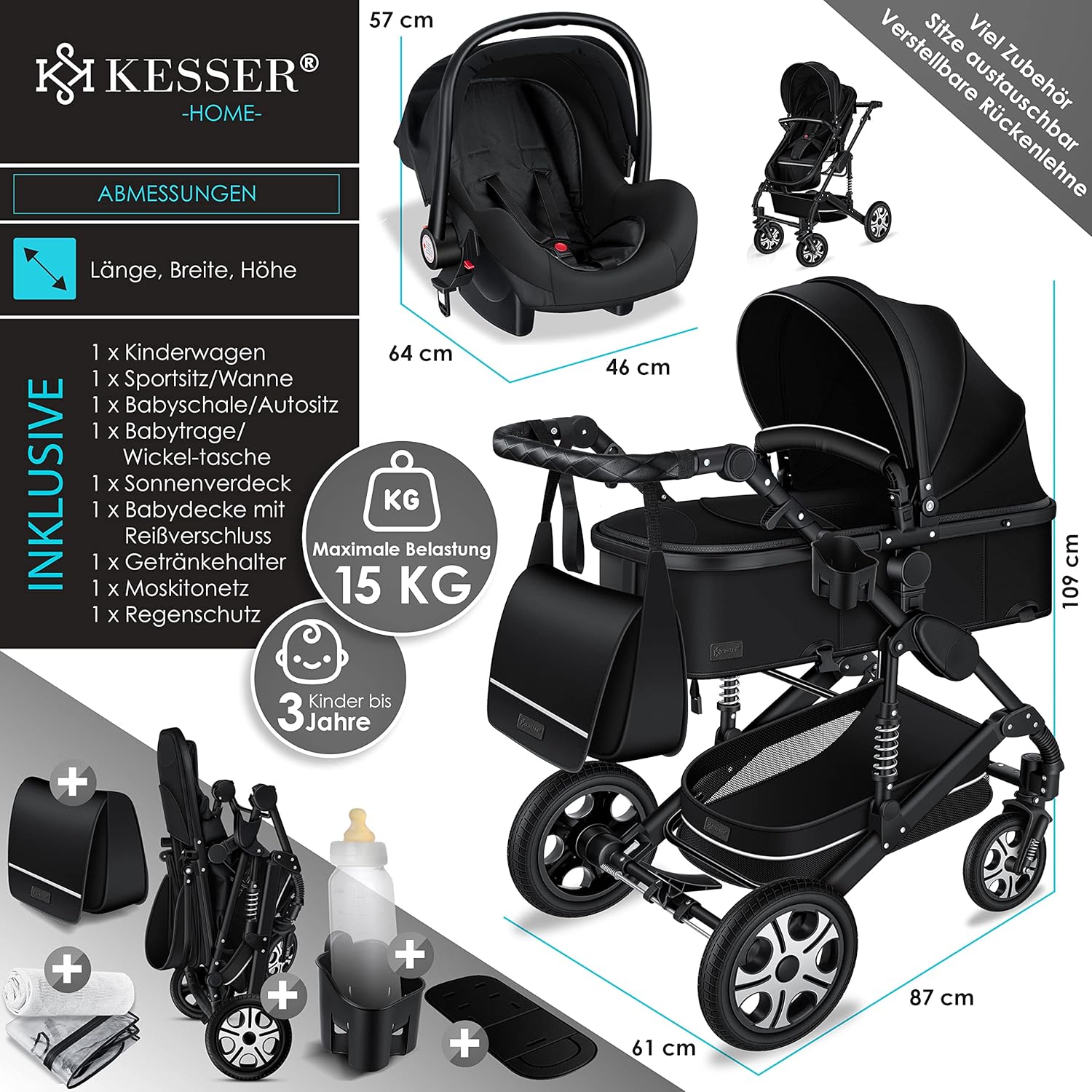 KESSER Loops 3 in 1 Kinderwagen Kombikinderwagen Komplett-Set inkl. Babywanne & Buggy Sportsitz & Auto-Babyschale Voll-Gummireifen Wickeltasche Regenschutz Kindertisch ECE R129, Schwarz/Champagne