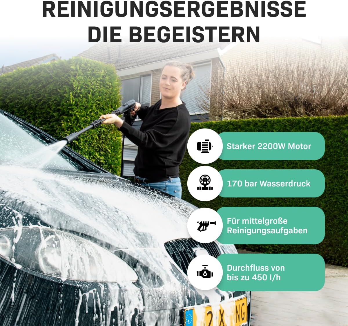 VONROC Profi Hochdruckreiniger 195bar - Fassadenreiniger für schwere Reinigungsarbeiten [2500W] - Hoher Durchfluss [468 l/h] Reinigungstank, Aluminium Pumpe - inkl. Terassenreiniger