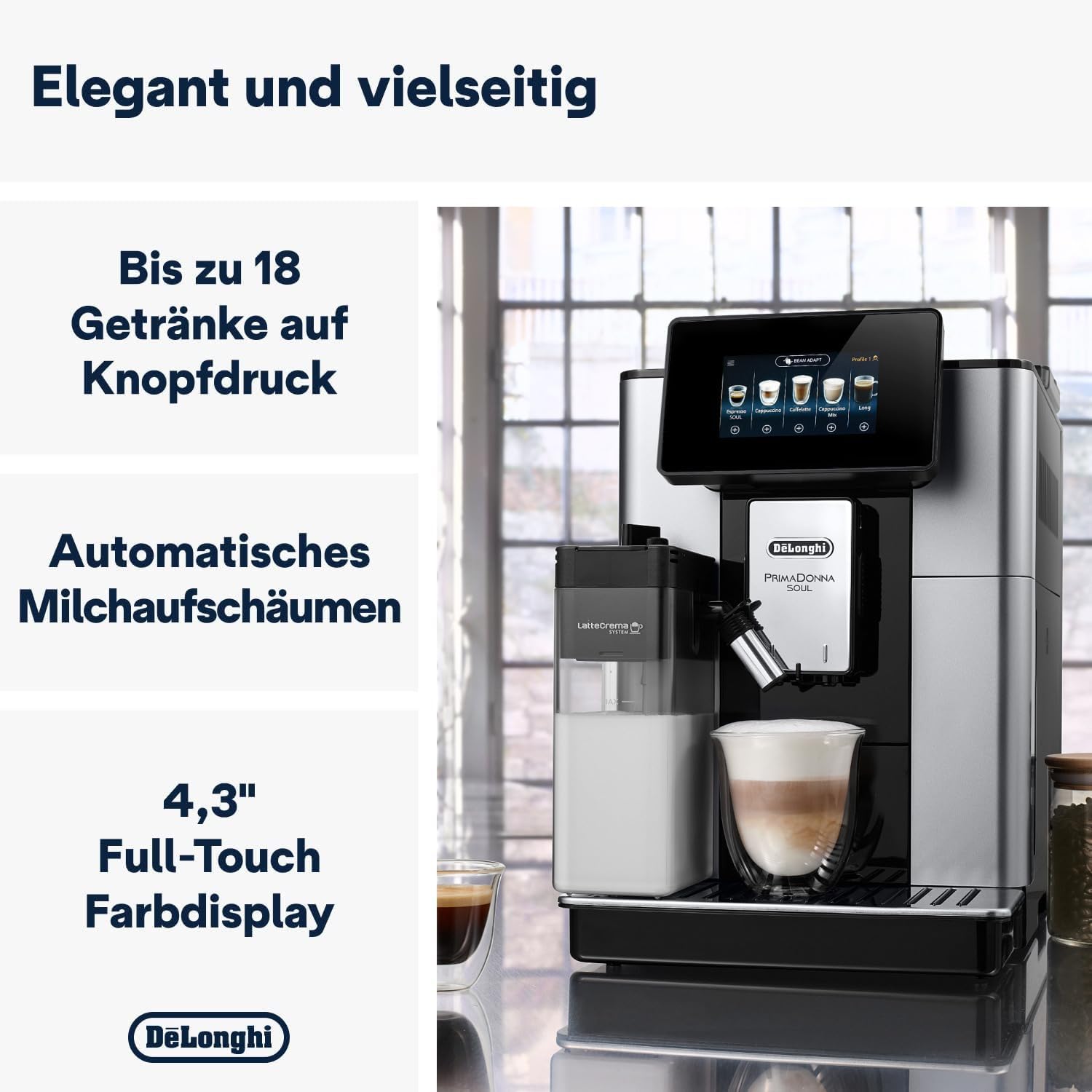 De'Longhi PrimaDonna Soul Perfetto ECAM 612.55.SB Kaffeevollautomat mit LatteCrema Milchsystem und Bean Adapt Technologie, 18 Rezepte, mit Farbdisplay- App-Steuerung, Silber/Schwarz