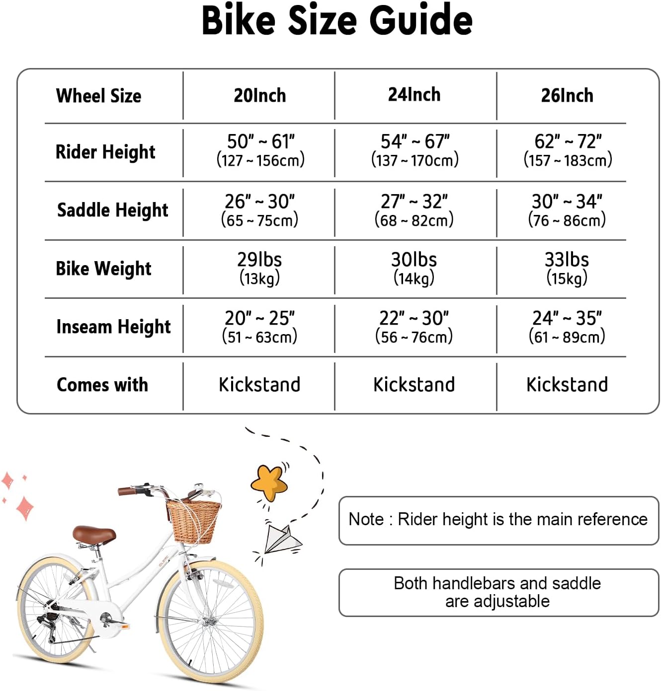 Glerc Missy 20 24 26 Zoll Mädchen City 6-Gang Hybrid Cruiser Fahrrad mit Weidenkorb für Jugend über 6-Jahre alt, mehrere Farben
