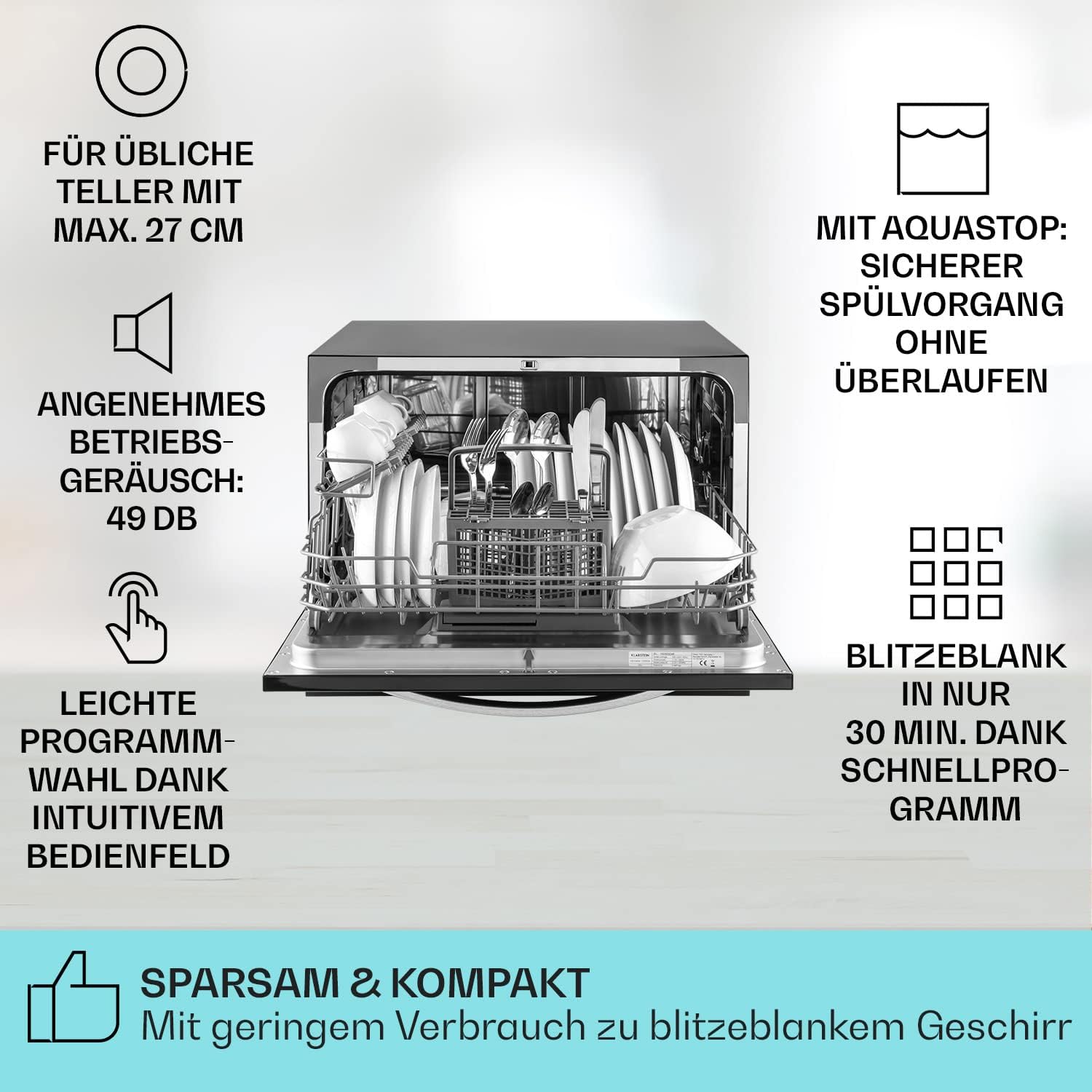 Klarstein ia 8 - Spülmaschine, Geschirrspüler, Freistehend, Teilintegriert, F, 55 cm breit, 8 Maßgedecke, 6 Programme, Aquastop, silber