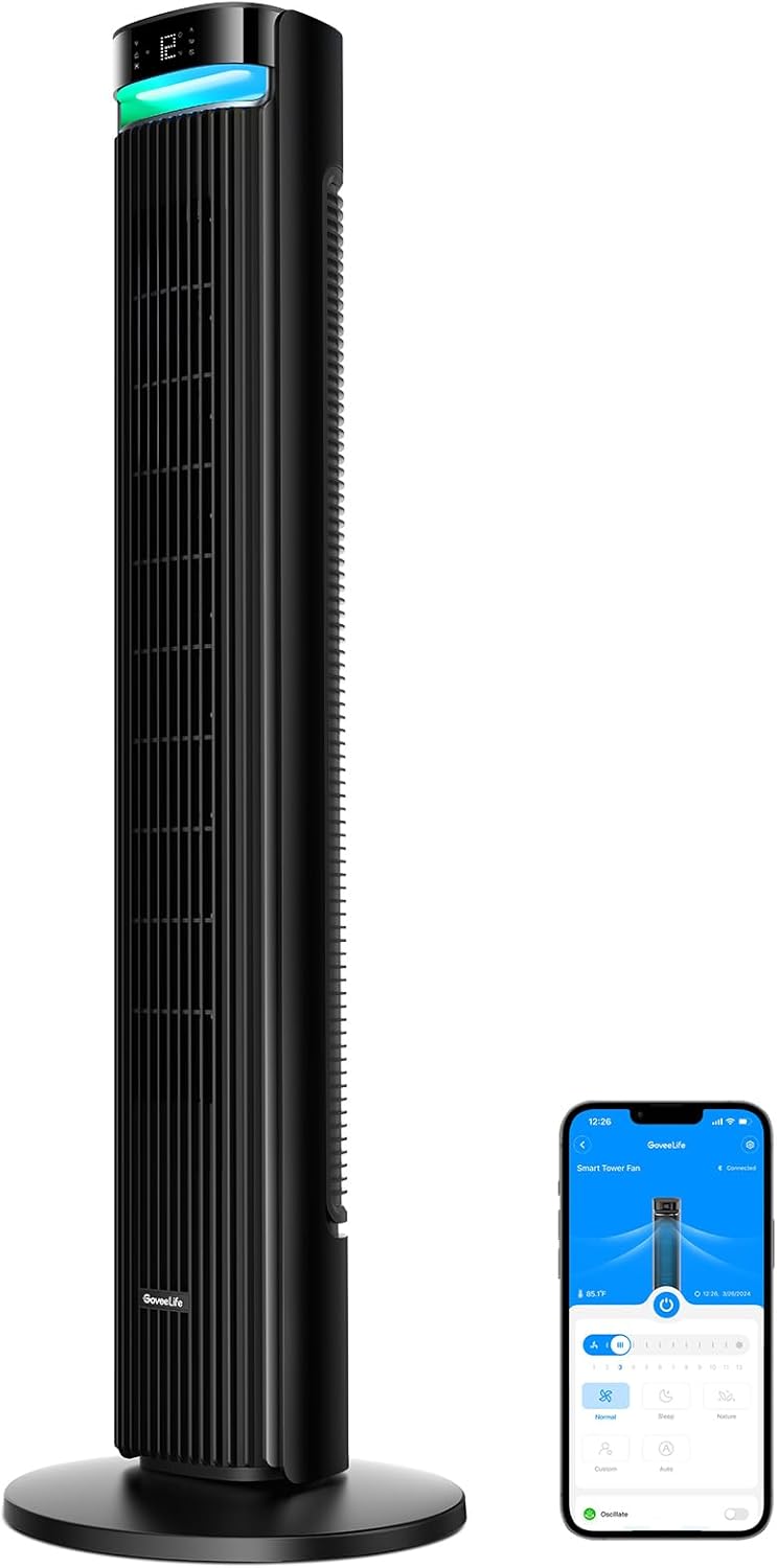GoveeLife 27 dB leiser Ventilator, 12 Geschwindigkeiten bis zu 8 m/s, 5 Modi, 24-Stunden-Timer, intelligenter Turmventilator mit 150°-Oszillation, APP- und Sprachsteuerung für Zuhause, schwarz