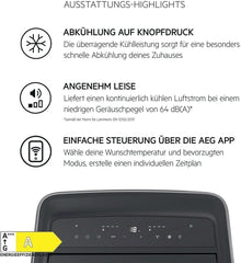 AEG Chillflex Pro AXP26U338CW mobile Klimaanlage / LED Display / Touch-Buttons / Fernbedienung / 30-40 m² / Kühlfunktion / Ventilator / Entfeuchtungsfunktion / Automatik / weiß/silber/schwarz