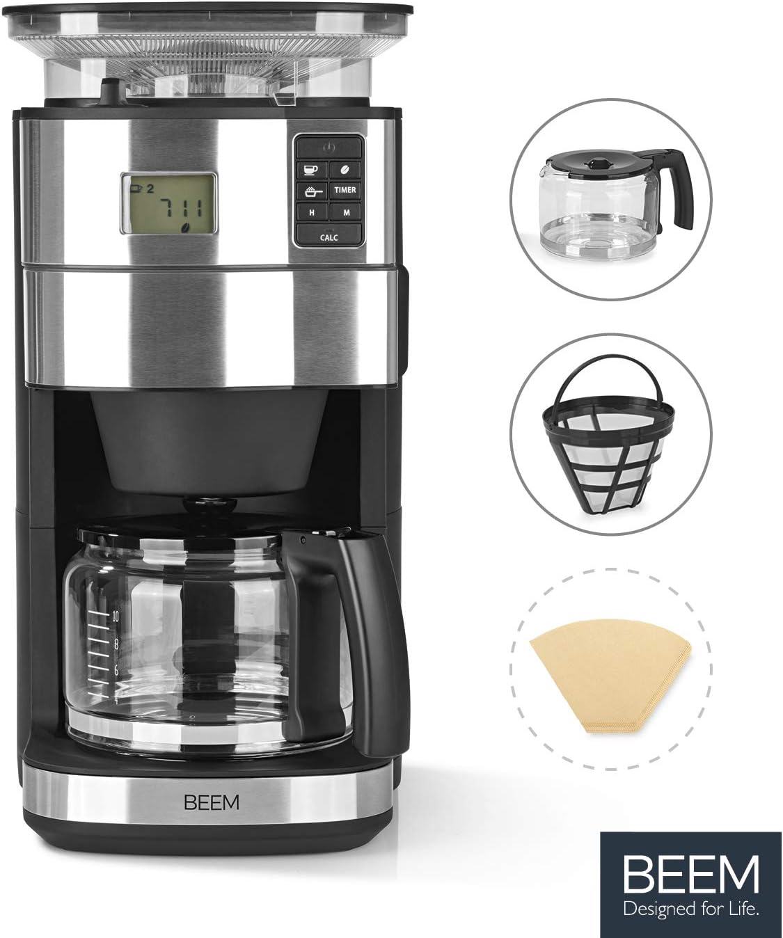 BEEM FRESH-AROMA-PERFECT II Filterkaffeemaschine mit Mahlwerk - Thermo | Edelstahl | Thermokanne | 24h-Timer | 1000 W | 180 g Bohnenbehälter