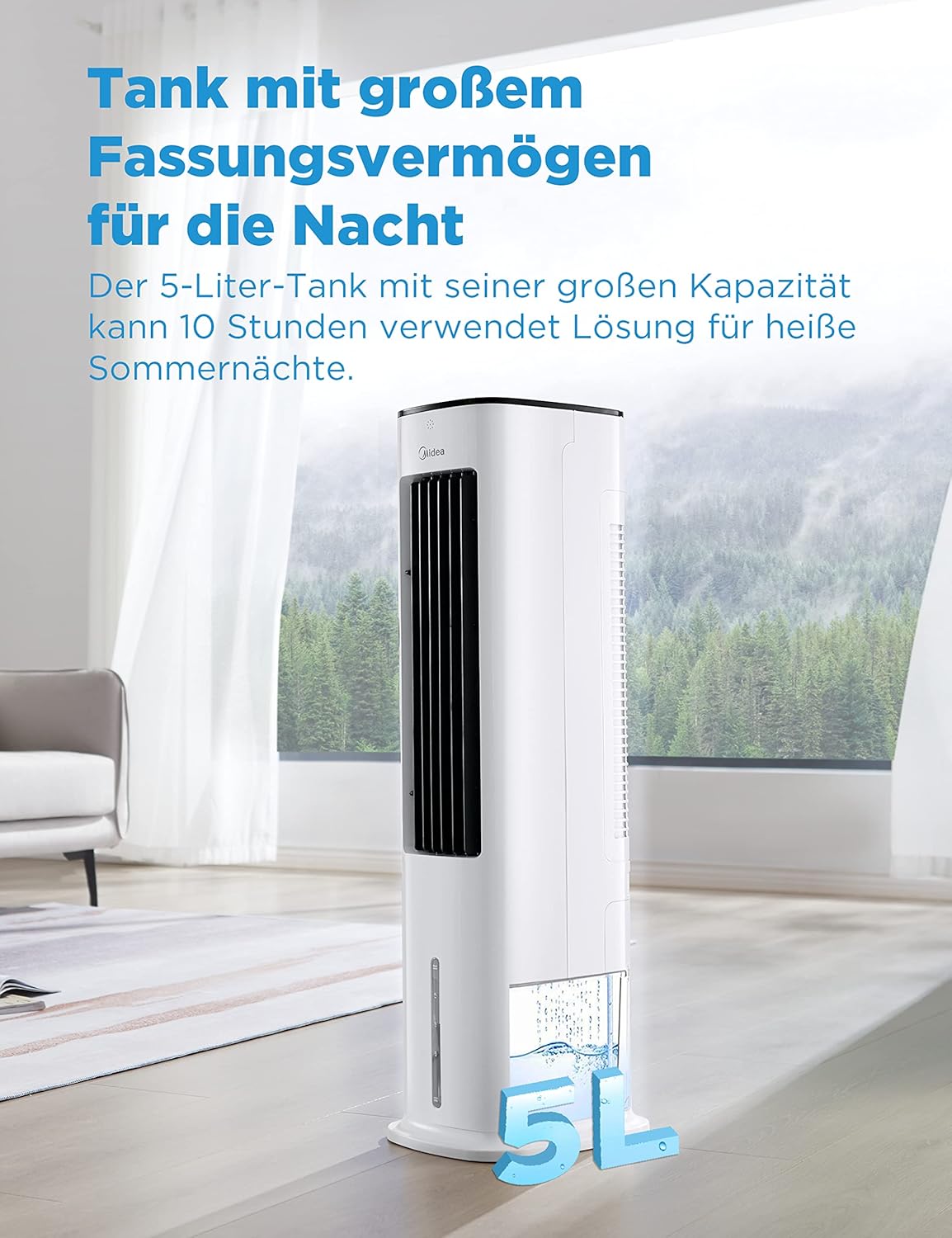 Midea Luftkühler mit Wasserkühlung, Klimaanlage Mobil, Ventilator mit 5L Wasserkühlung, Luftbefeuchter und Ionisation, Klimaanlage Ohne Abluftschlauch, 355m/h, Ventilator mit Fernbedienung,55W,Wei