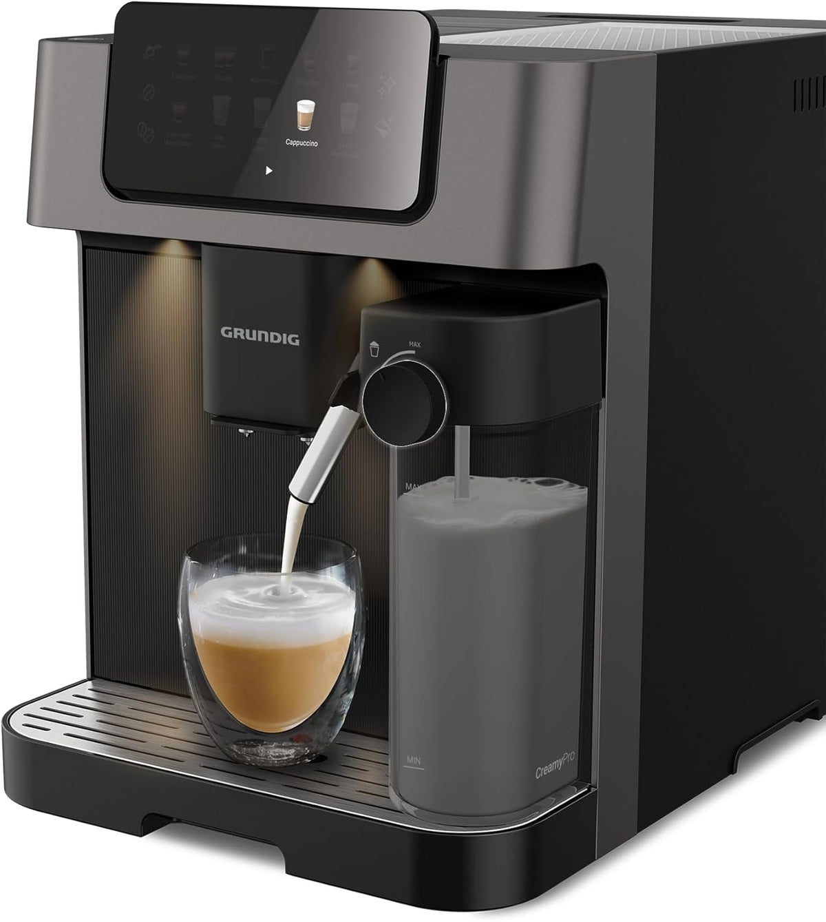 GRUNDIG KVA 7230 Kaffeevollautomat, Kaffeemaschine, 10 Kaffeespezialitäten, 13 Mahlgrade, Milchbehälter, leistungsstark 1350 W, 19 Bar Pumpendruck, Zweifachdüse, Beleuchtung, Schwarz/Dunkelsilber