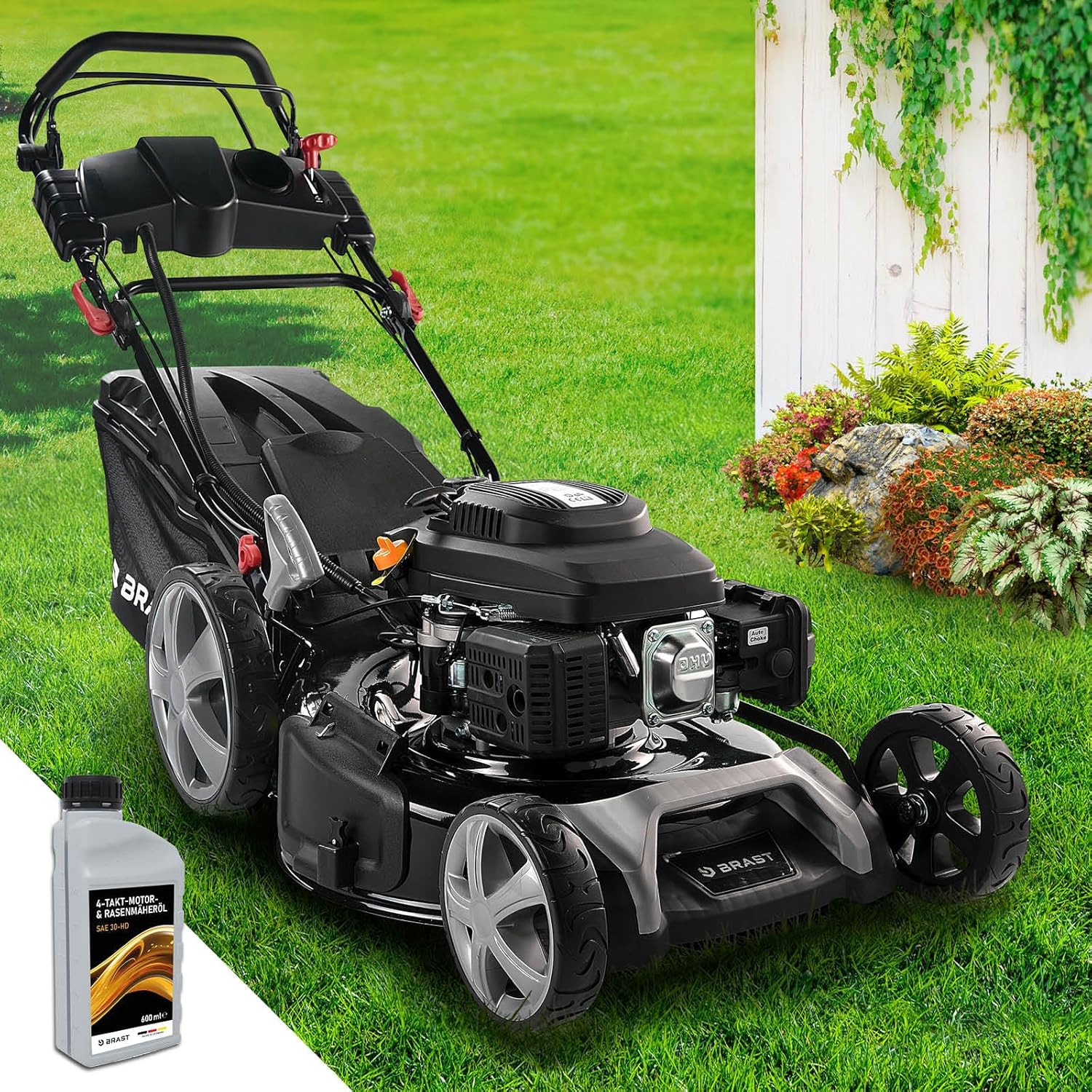 BRAST® Benzin Rasenmäher mit Antrieb | 5,2kW (7PS) | 55cm Schnittbreite | viele Modelle | TÜV | 30-80mm Schnitthöhe | 60L Fangkorb | 4 Takt OHV Motor | Stahlgehäuse | Power