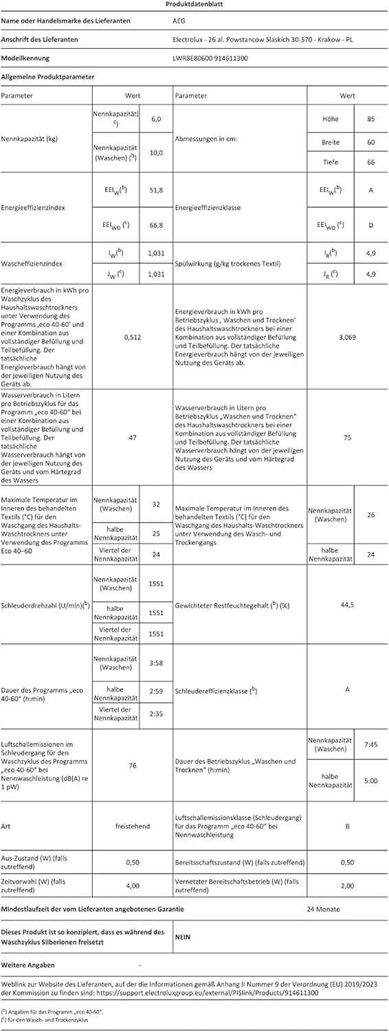 AEG L7WBA60680 Waschtrockner / DualSense - schonende Pflege / 8 kg Waschen / 5 kg Trocknen / D / energiesparend / Mengenautomatik / Nachlegefunktion / ProSteam - Auffrischfunktion / 1600 U/min Weiß