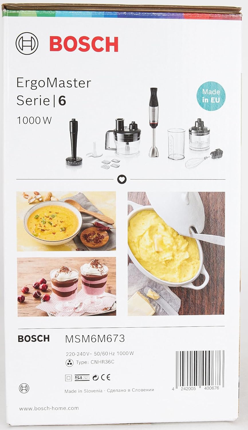 Bosch Stabmixer ErgoMaster Serie 6 MSM6M673, 10 Jahre Motorgarantie, Edelstahl-Klingen, verschleifreie Keramik-Kupplung, Luftkühlung, Zerkleinerer, Kartoffelstampfer, Schneebesen, 1000 W