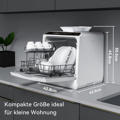 Hermitlux Mini Geschirrspüler, Spülmaschine für 4 Bestecksätze, 5 Liter Wassertank, 6 Programme Mini Tischgeschirrspüler, Perfekt für Wohnungen, Schlafsäle, Camping, Weiß