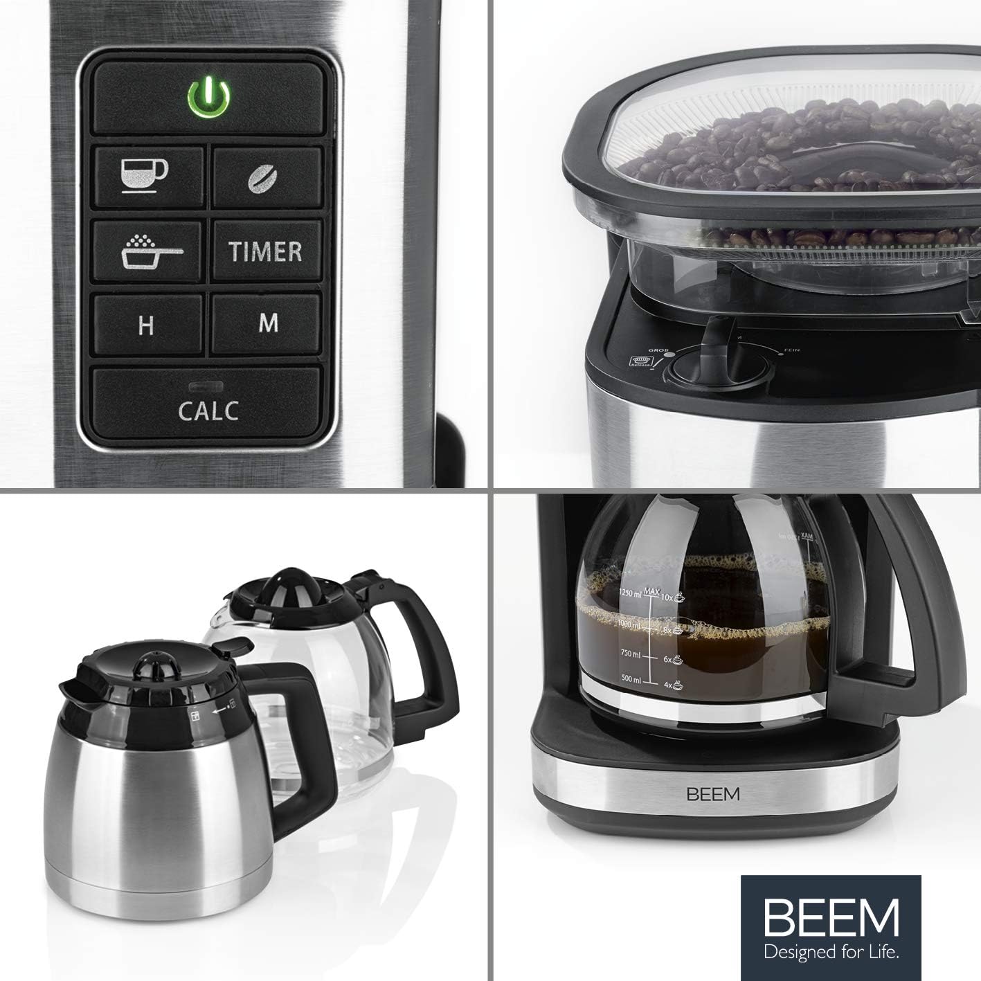 BEEM FRESH-AROMA-PERFECT II Filterkaffeemaschine mit Mahlwerk - Thermo | Edelstahl | Thermokanne | 24h-Timer | 1000 W | 180 g Bohnenbehälter