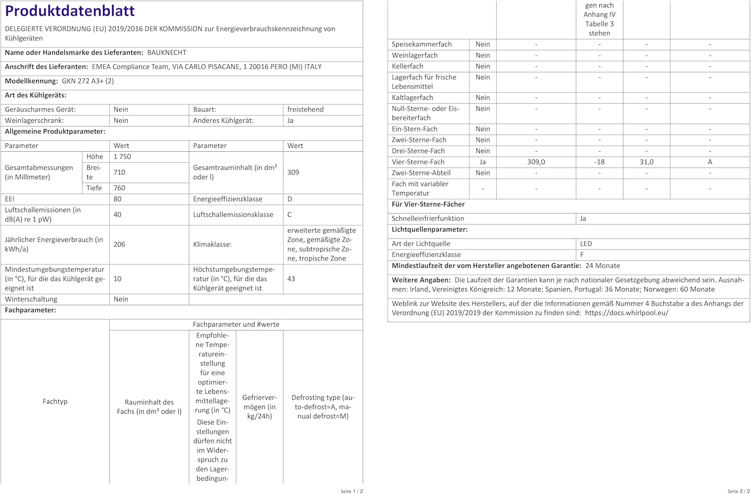 Bauknecht GKN 272 A3+ Gefrierschrank / 309 L Gesamtnutzinhalt / NoFrost / EasyOpen Ventil / Innenbeleuchtung / Elektronische Steuerung mit innenliegendem Bedienfeld, Weiß
