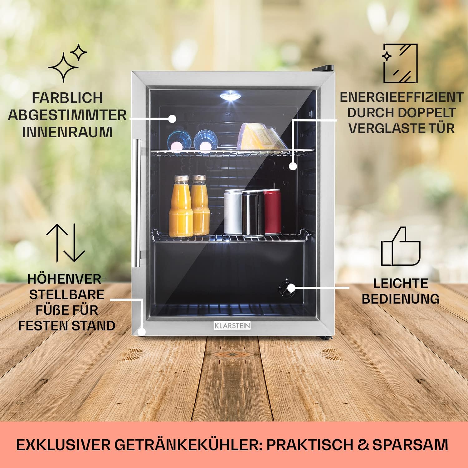 Klarstein Mini Kühlschrank mit Glastür für Zimmer, Getrnkekühlschrank mit Verstellbaren Ablagen, Kleiner 80 Liter, Indoor/Outdoor Kühlschrank Leise
