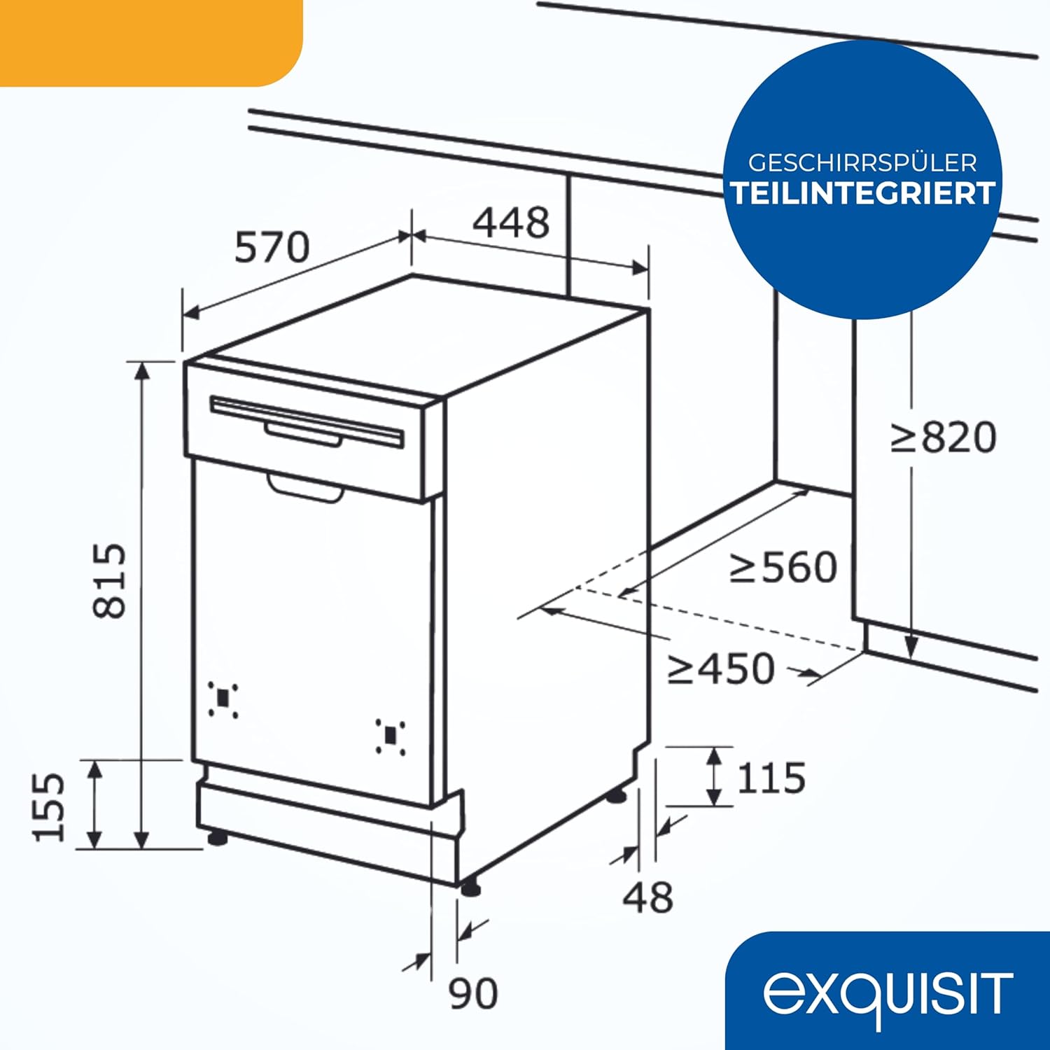 Exquisit Geschirrspüler, Spülmaschine, 45 cm Breite, Teilintegriert, 9 Maßgedecke, 9 Liter, Startzeitvorwahl, ECO-Modus, Geschirrspüler 45 cm, EGSP51009-EB-030E inox