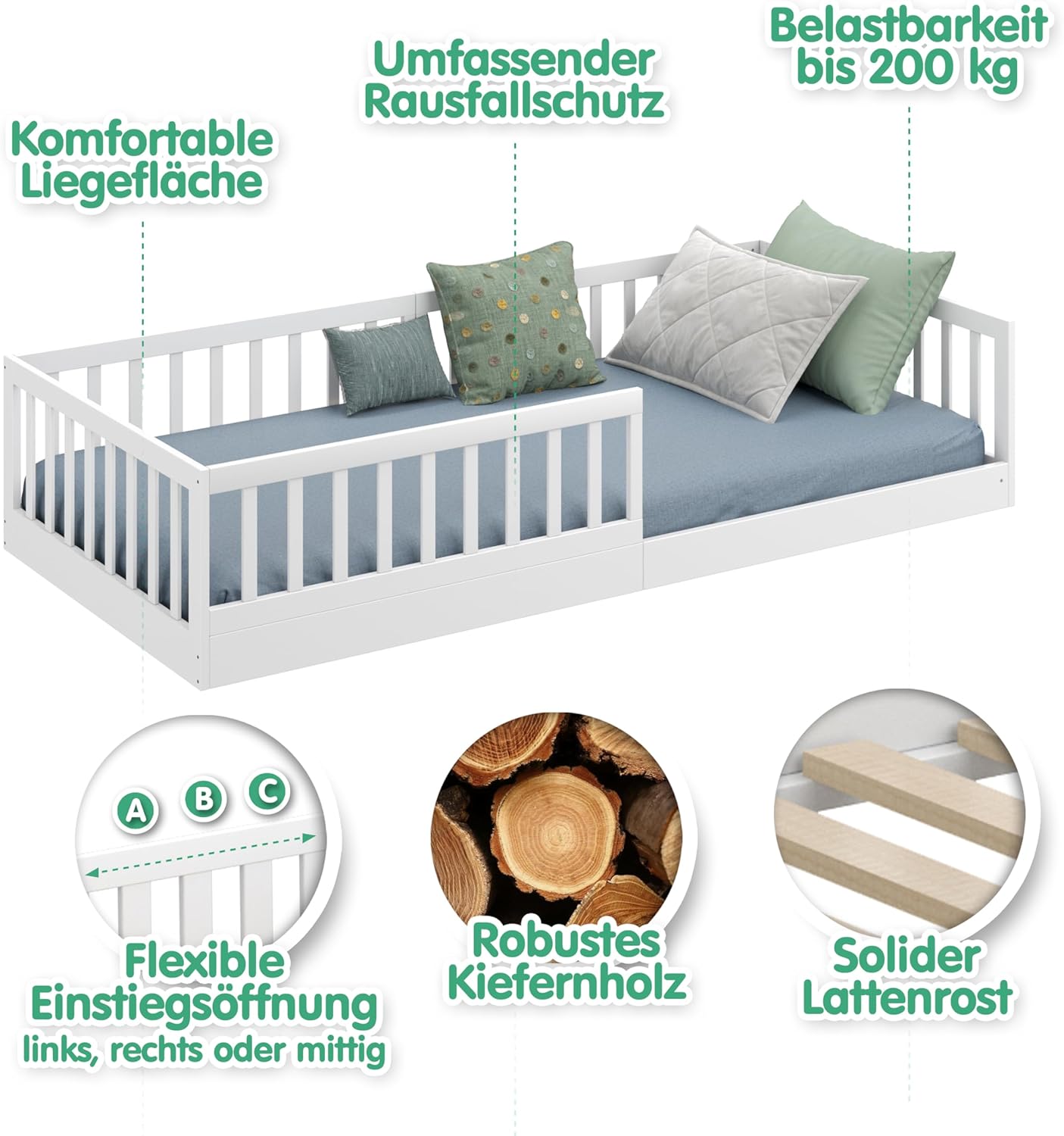 CADANI Timi 2in1 Bodenbett 140x200 cm Montessori Kinderbett mit abnehmbaren Rausfallschutz inkl. Lattenrost, Kiefer Massivholz, weiß - 3 Aufbauvarianten, bis 200 kg belastbar, umbaubar
