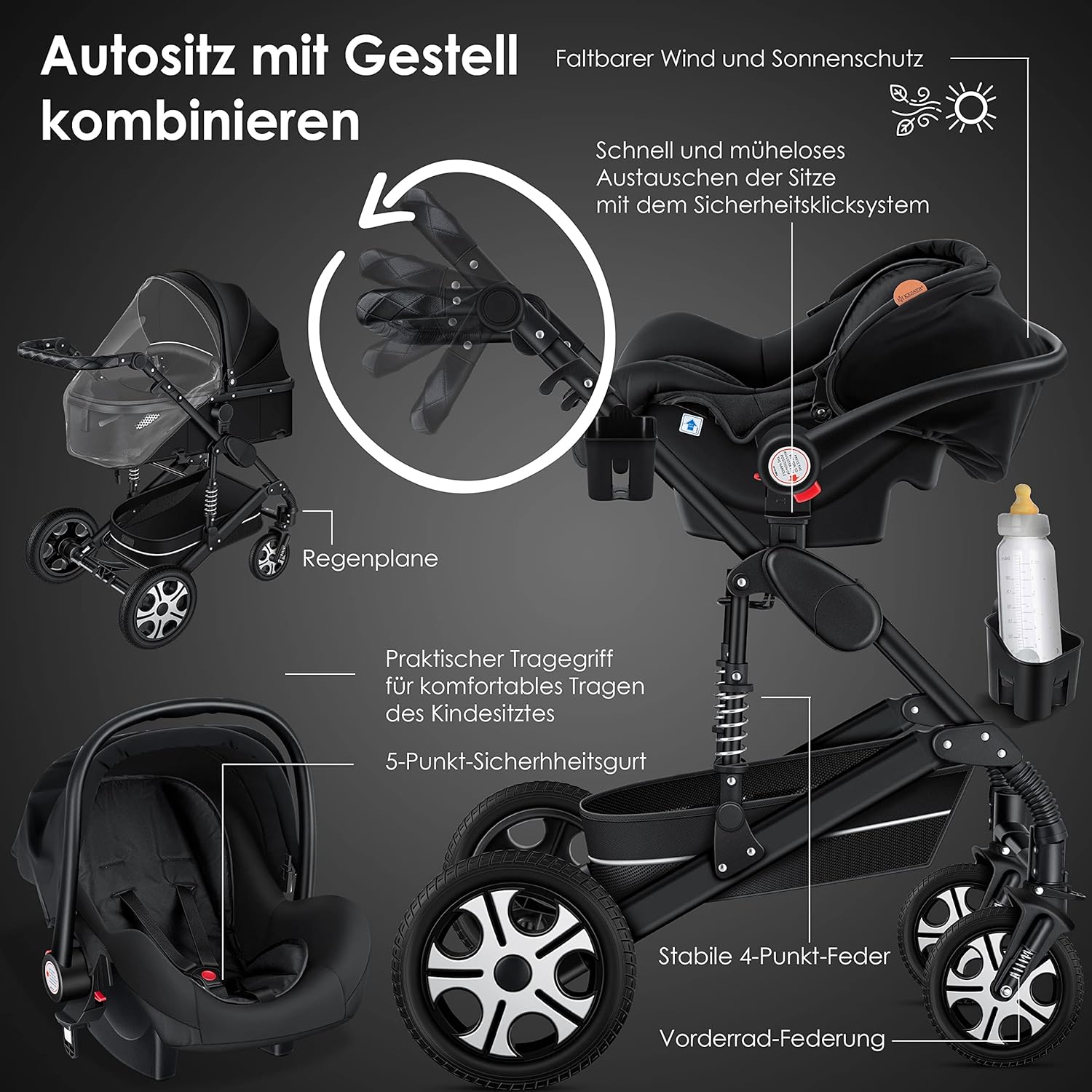 KESSER Loops 3 in 1 Kinderwagen Kombikinderwagen Komplett-Set inkl. Babywanne & Buggy Sportsitz & Auto-Babyschale Voll-Gummireifen Wickeltasche Regenschutz Kindertisch ECE R129, Schwarz/Champagne
