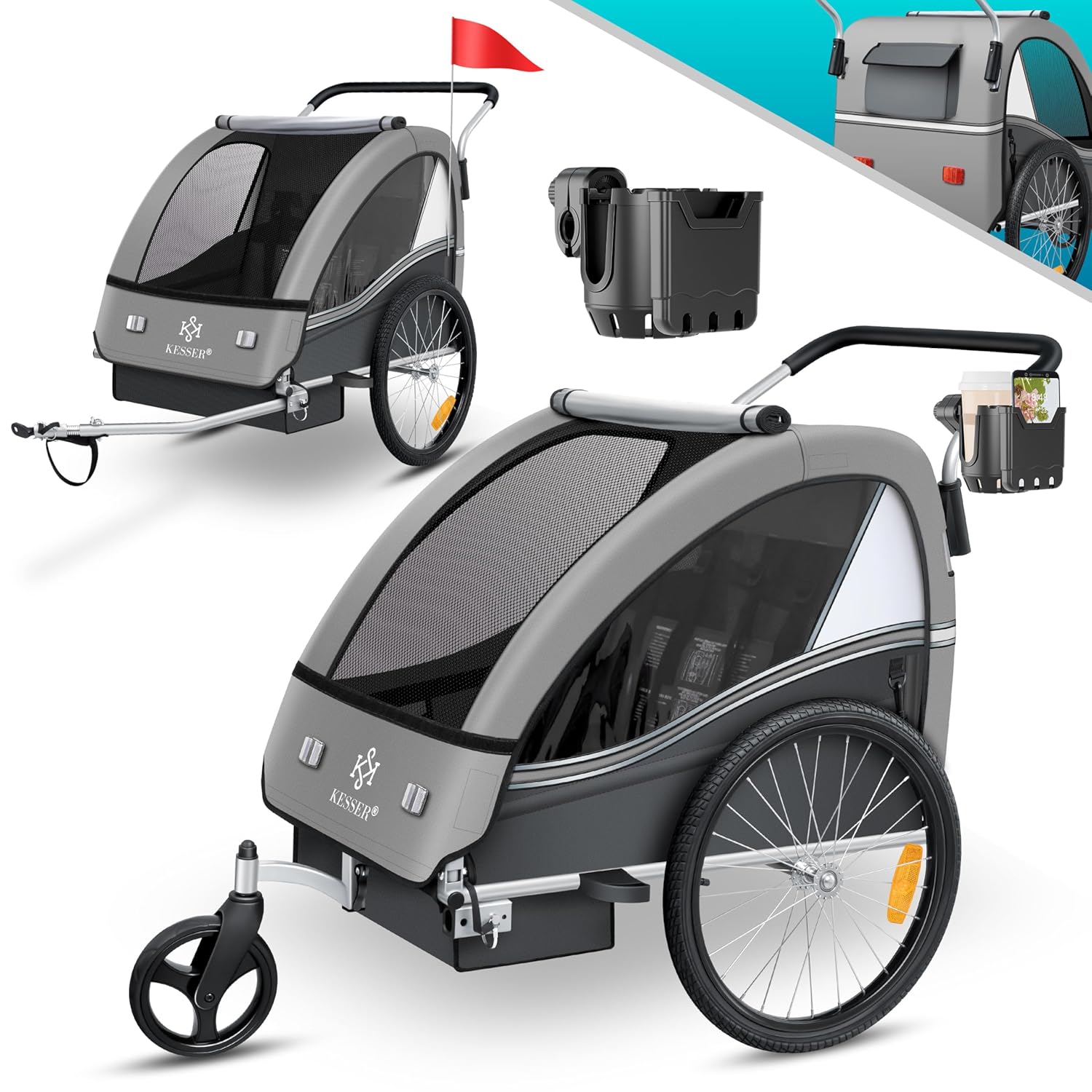 KESSER Kinderfahrradanhänger Sport-RX 2in1 Jogger & Buggy 5-Punkt-Gurt Sicherheitsgurt 360° Vorderrad Kinderfahrradanhänger Reflektoren für 1-2 Kinder (max. 40 kg) Getränkehalter & Smartphonefach