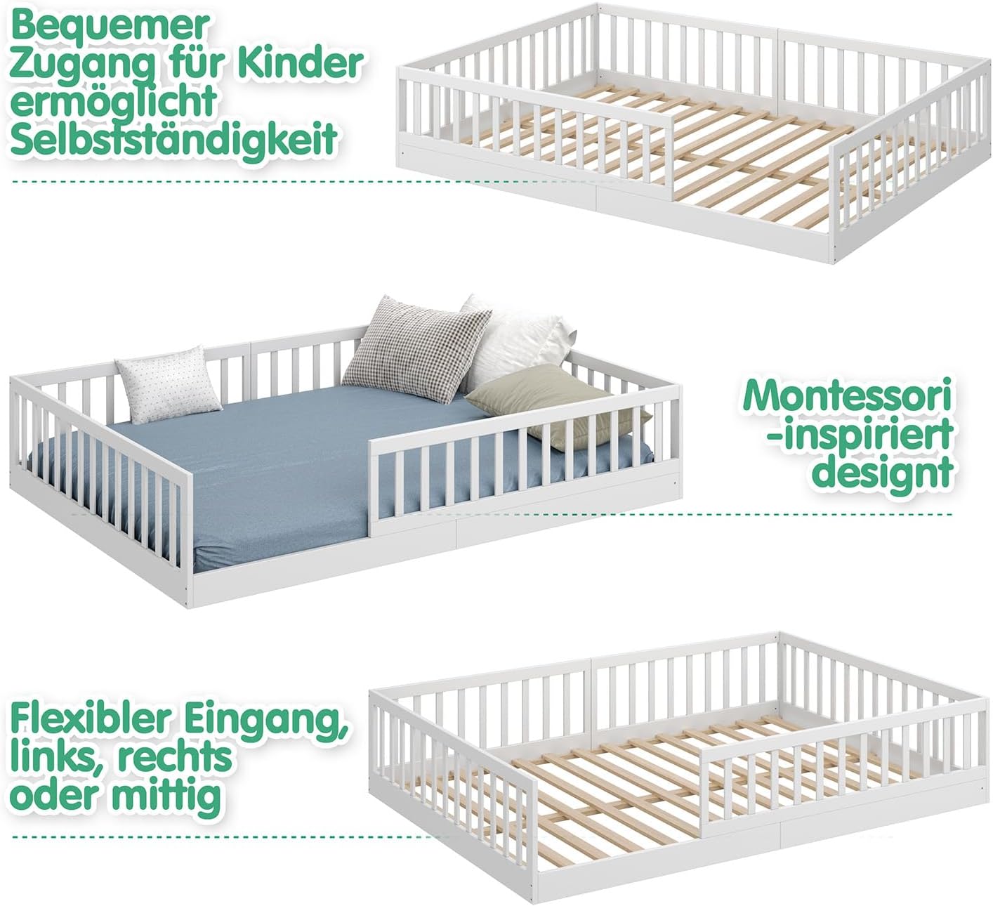 CADANI Timi 2in1 Bodenbett 140x200 cm Montessori Kinderbett mit abnehmbaren Rausfallschutz inkl. Lattenrost, Kiefer Massivholz, weiß - 3 Aufbauvarianten, bis 200 kg belastbar, umbaubar