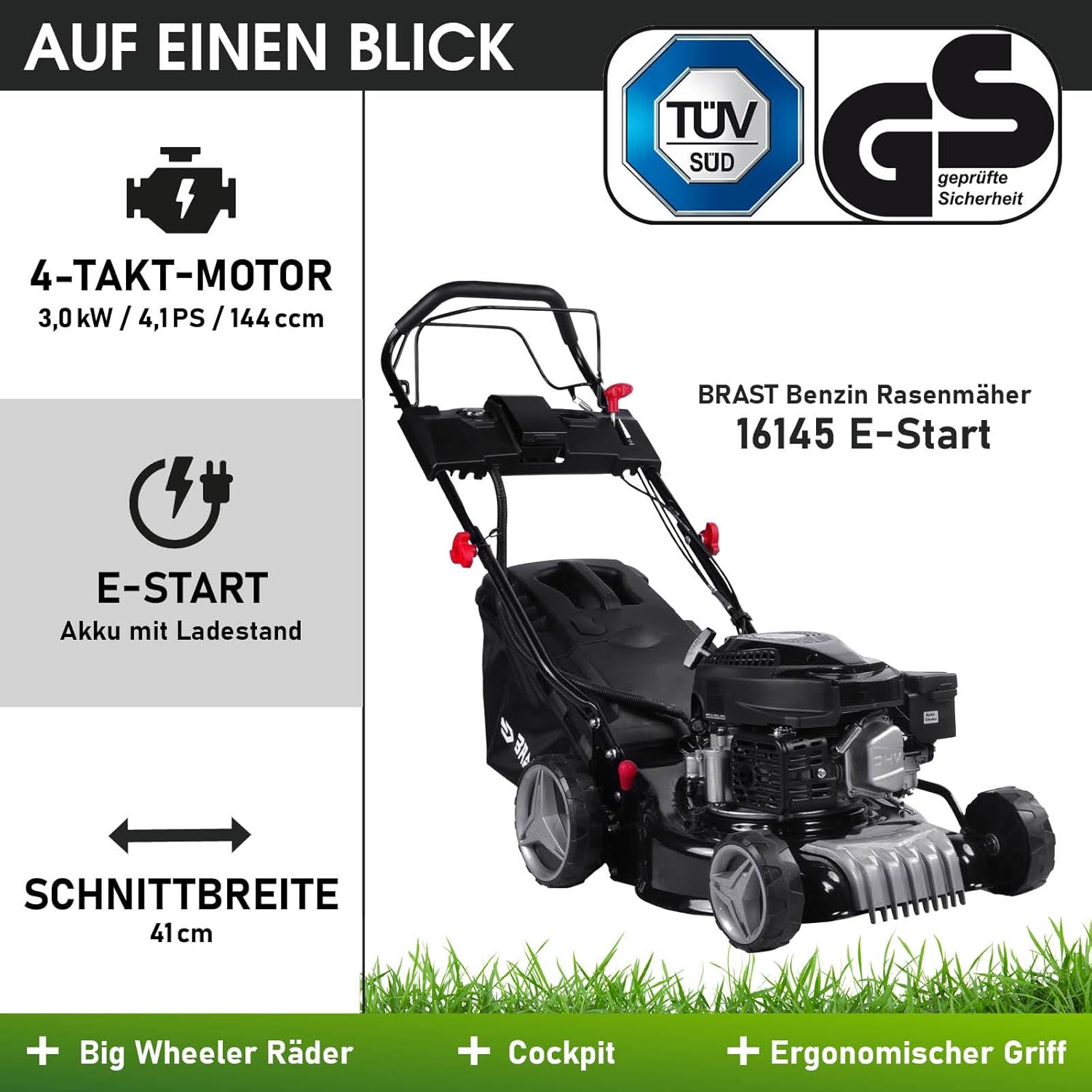 BRAST Benzin Rasenmäher mit Antrieb | 3,0kW (4,1PS) | Elektrostart | 41cm Schnittbreite | viele Modelle | TÜV | 4 Takt OHV Motor | 25-75mm Schnitthöhe | 40L Fangkorb | Stahlgehäuse | 16145 Estart