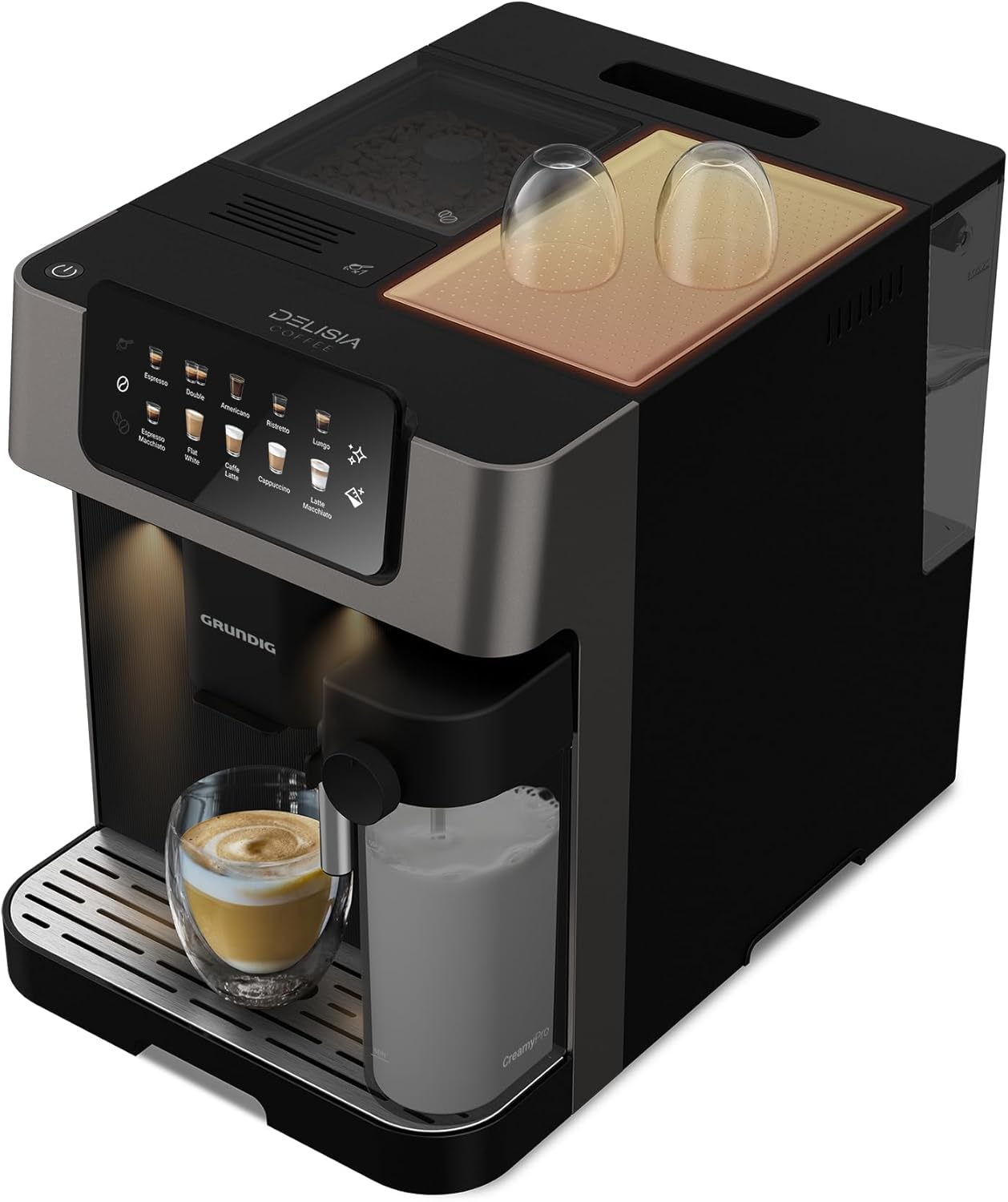 GRUNDIG KVA 7230 Kaffeevollautomat, Kaffeemaschine, 10 Kaffeespezialitäten, 13 Mahlgrade, Milchbehälter, leistungsstark 1350 W, 19 Bar Pumpendruck, Zweifachdüse, Beleuchtung, Schwarz/Dunkelsilber