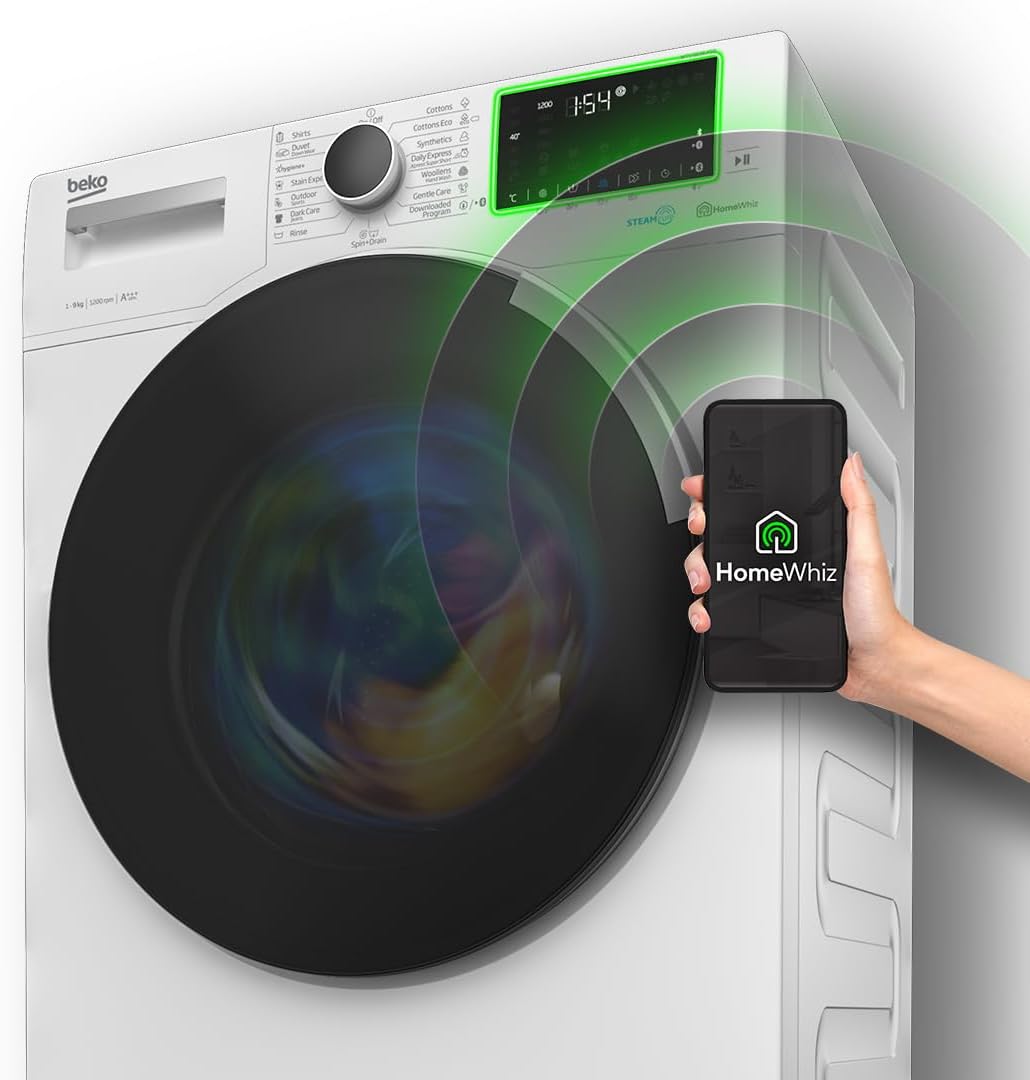 Beko WMC91464ST1 b300 Waschvollautomat, Waschmaschine, 9 kg, Bluetooth, ProSmart Inverter Motor, Dampffunktion, Pet Hair Removal, Watersafe+, Weiß