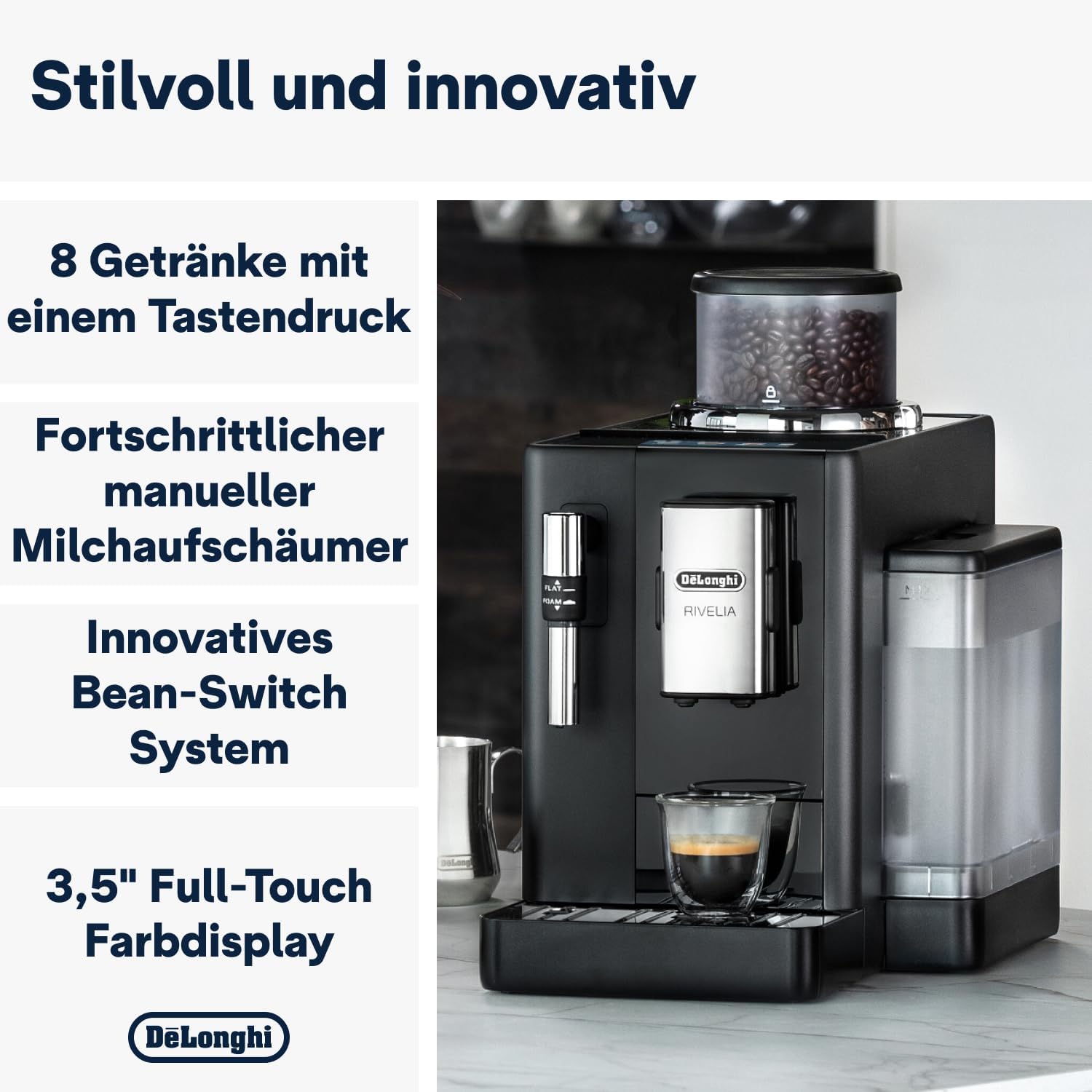 De'Longhi Rivelia EXAM440.55.W Kaffeevollautomat mit LatteCrema Milchsystem, Wechselbarer Bohnenbehälter, 16 Kaffee- & Milchgetränke auf Knopfdruck, Extra-Shot-Funktion, 3,5 Touch-Display, Weiß