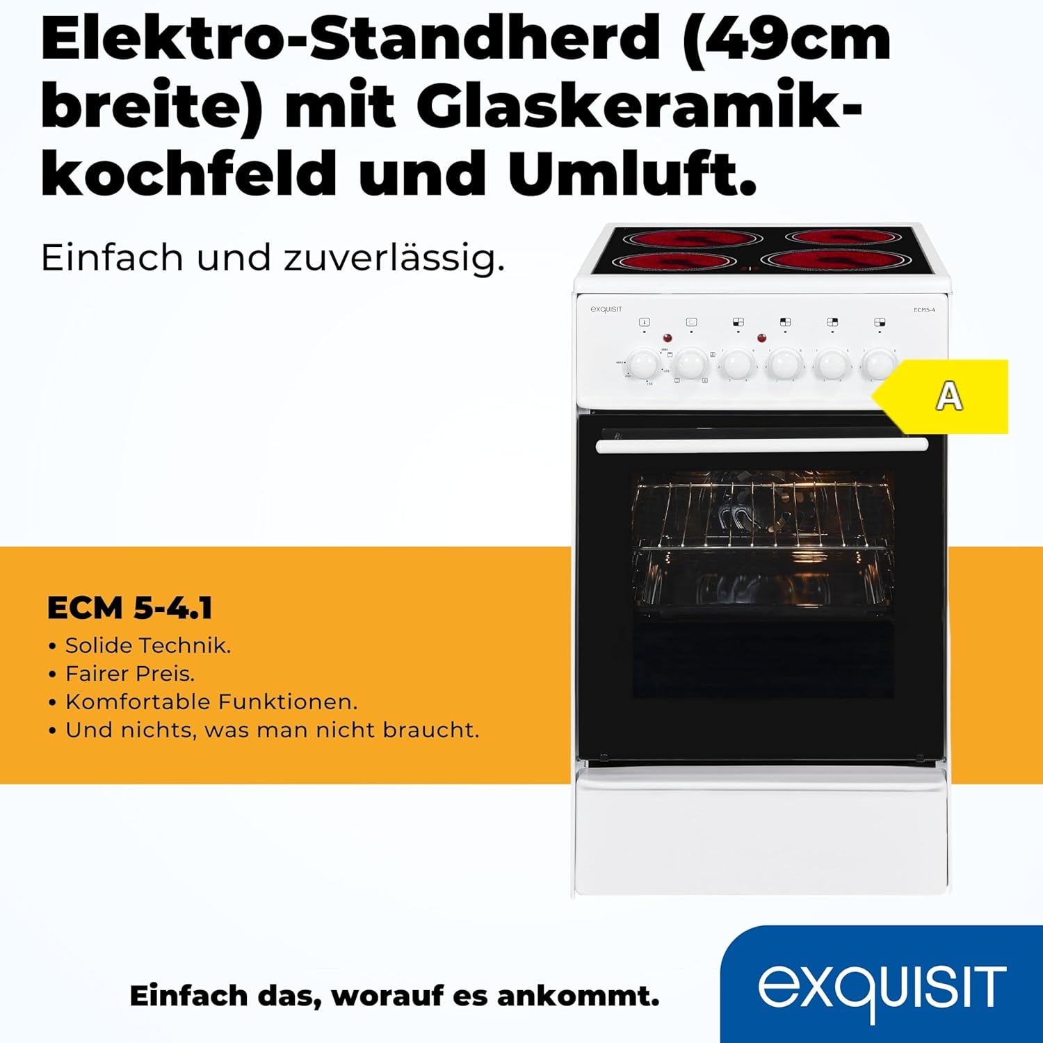 Exquisit Standherd, Standherd 50 cm Breite, Massekochfeld, einfach zu bedienen, 48 l Garraum, Elektro-Standherd 50 cm, EH9-3-090 weiss