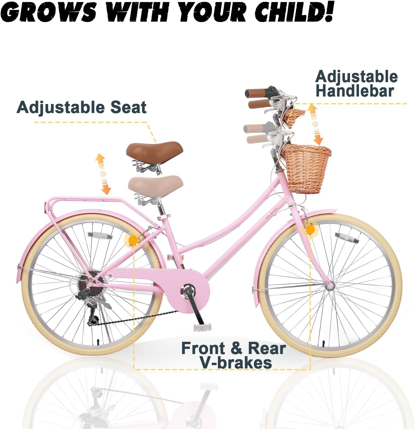 Glerc Missy 20 24 26 Zoll Mädchen City 6-Gang Hybrid Cruiser Fahrrad mit Weidenkorb für Jugend über 6-Jahre alt, mehrere Farben