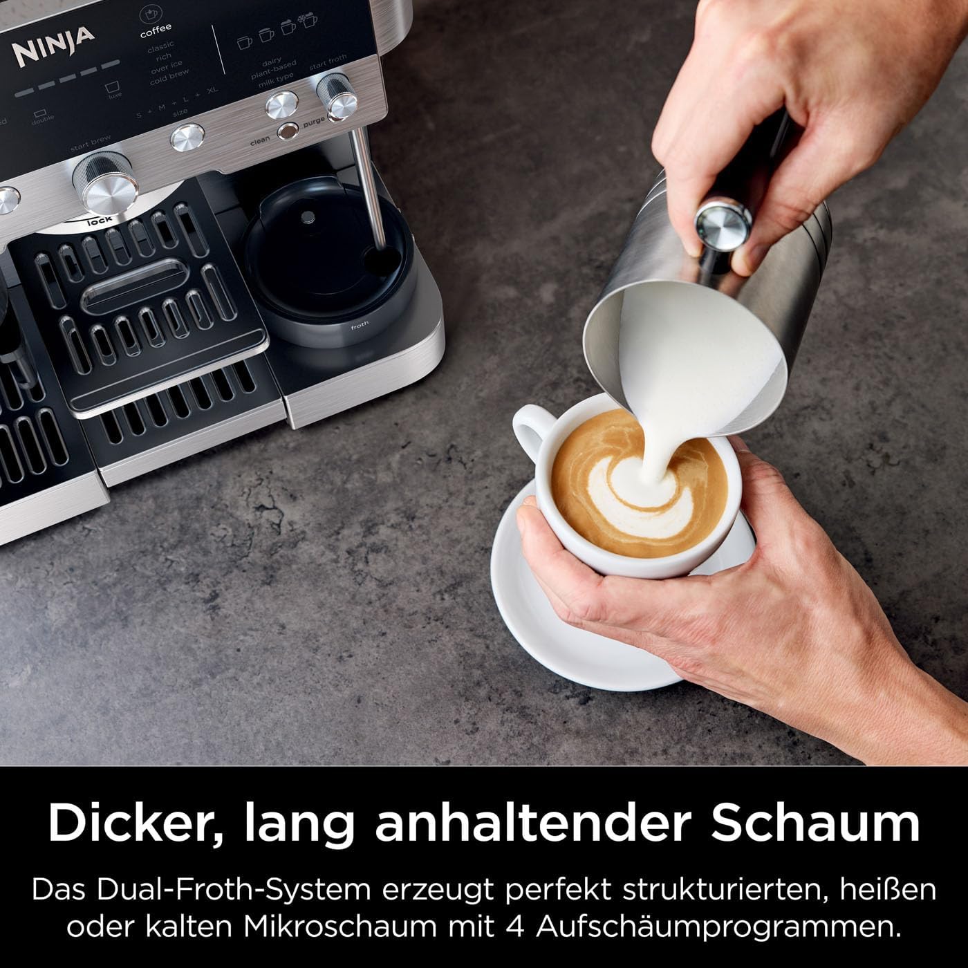 Ninja Luxe Essential 2-in-1-Kaffeemaschine mit Mahlwerk und Aufschäumer für Latte, Cappuccino & Espresso, einfache Handhabung, 2 Voreinstellungen zum Aufschäumen, Silber, ES501EU