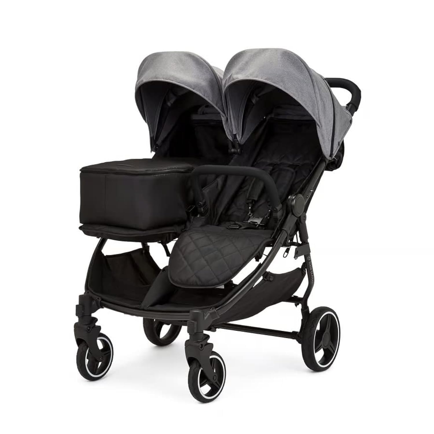Ickle Bubba Venus Prime Doppelkinderwagen - geeignet von Geburt bis 15 kg (ca. 3 Jahre), leichter, faltbarer Zwillingskinderwagen mit Neugeborenenkokon, 2 Fußwärmern und Regenschutz (Schwarz)