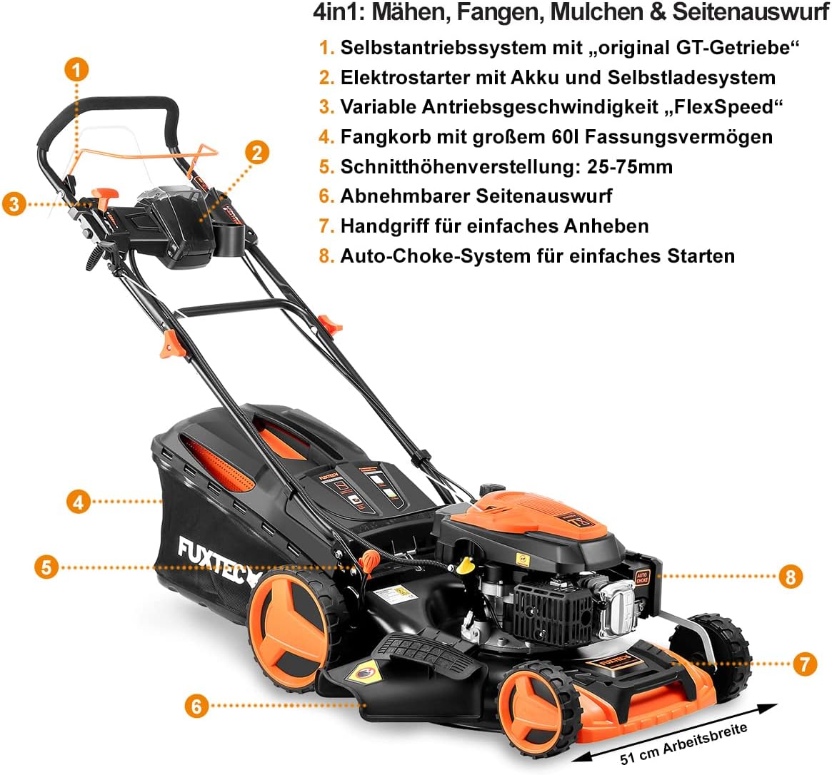 FUXTEC 4in1 Benzin Rasenmäher FX-RM5196eSPRO mit E-Start und regulierbarem Selbstantrieb, Gartenmäher inkl. Frontstoßstange, 51 cm Schnittbreite, kugelgelagerte Big Wheel Räder, 60L Grasfangkorb