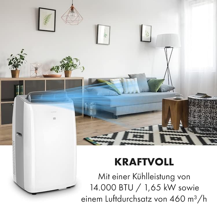 KLARSTEIN Grandbreeze Pro 14K – Mobiles Klimagerät, Luftentfeuchter, Ventilator, 3 Geschwindigkeiten, 14000 BTU/1,65 kW, Raum: 42 bis 68 m², Durchfluss: 460 m³/h, CEE A – Weiß Klimaanlage