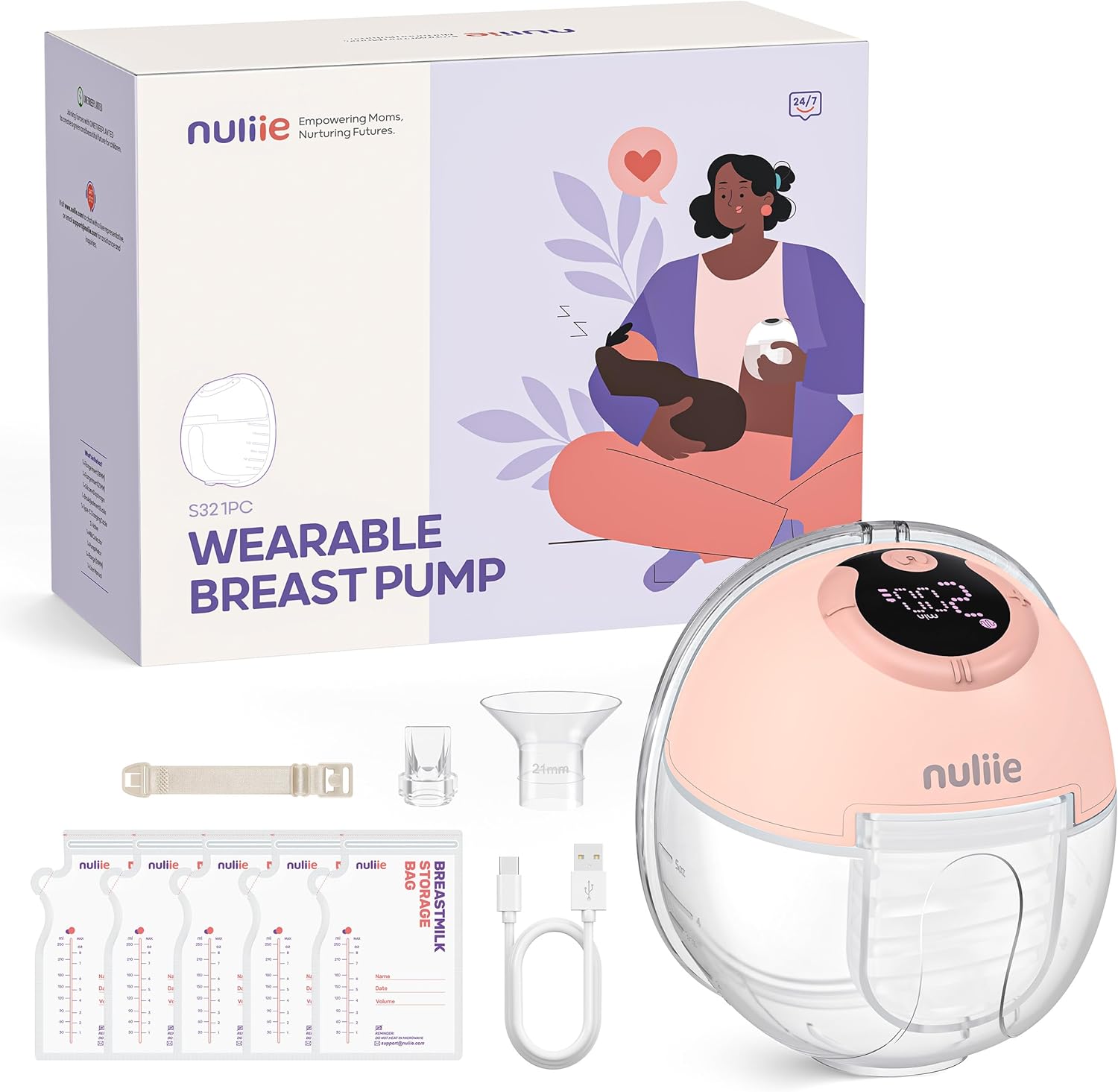 Nuliie Milchpumpe Elektrisch tragbare S32, Elektrische milchpumpe freihändig 4 Modi 9 Stufen mit 18/21/24 mm komfortabler Flansch, Privat, mit Ersatzzubehör im Lieferumfang (2Packs, Weiß)
