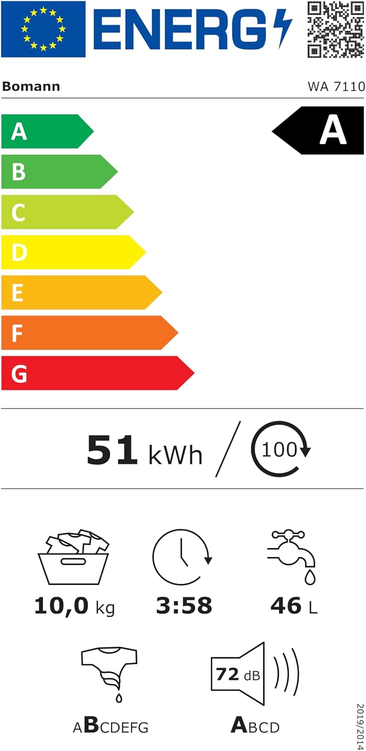 Bomann® Waschmaschine 10kg | max. 1400 U/min | 10 Jahre Motor-Garantie | effizienter, leiser & langlebiger Invertermotor | 15 Programme | Endzeitvorwahl | LED-Display | Washing Machine WA 7110
