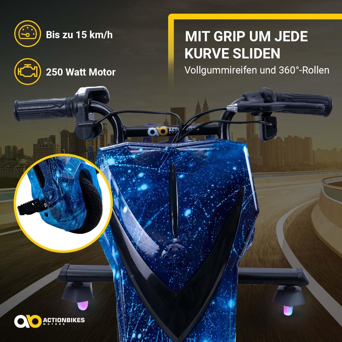 Actionbikes Motors Kinder Elektro Driftscooter | 𝟐𝟓𝟎 Watt Motor - Drift Cart 360°- 3 Geschwindigkeitsstufen - LED-Beleuchtung - Sitz verstellbar - Bluetooth - Drift Kart - Drift Auto (Space Purple)