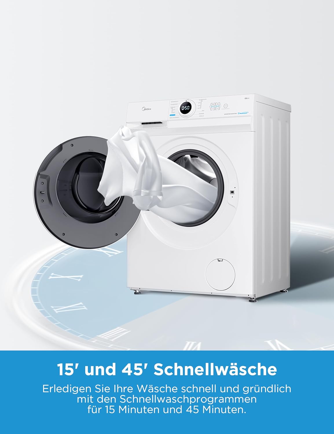 Midea MF10EW80B Waschmaschine / 8kg / 1400 U/Min/EEK A/Inverter Quattro Moto/Dampffunktion/Grosse Trommel/Slim Design/Nachlegefunktion/Kindersicherung/AquaStop, Weiß