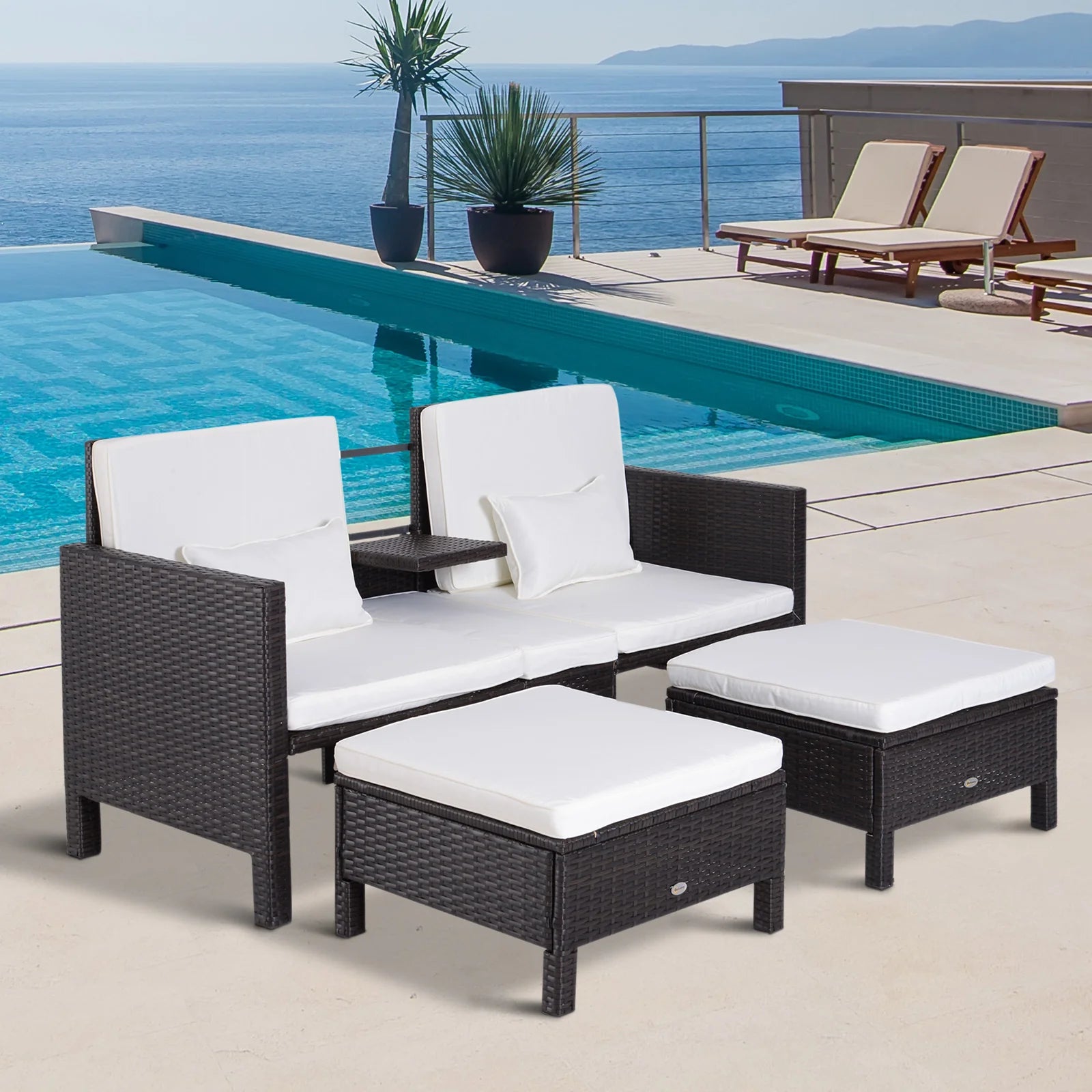 Outsunny Polyrattan Gartensofa-Set 3-teilig mit Hocker Kissen Outdoor
