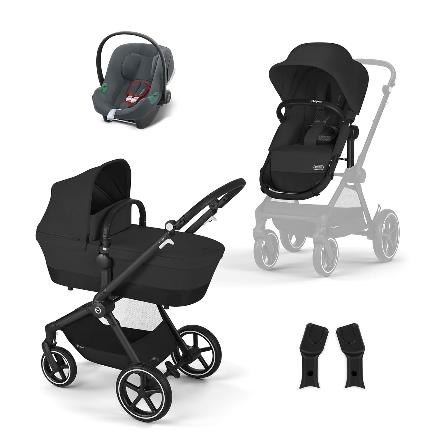CYBEX Gold Kinderwagen EOS Lux 2-in-1 mit Babyschale Aton B2 i-Size und Babyschalen-Adapter, Reisesystem, Ab Geburt bis 22 kg (ca. 4 Jahre), Moon Black (Schwarz)