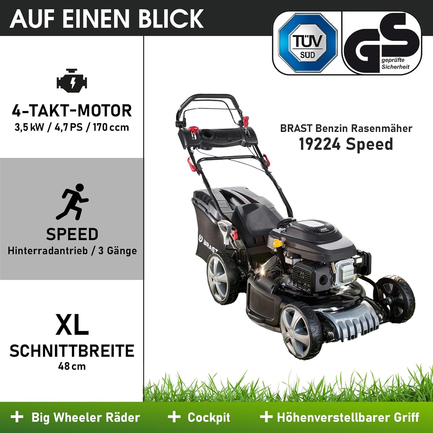 BRAST Benzin Rasenmäher mit Antrieb | 5,2kW(7PS) | Elektrostart | 48cm Schnittbreite | viele Modelle | TÜV | 4 Takt OHV Motor | 30-80mm Schnitthöhe | 60L Fangkorb | Stahlgehäuse | 19224 ESTART Speed