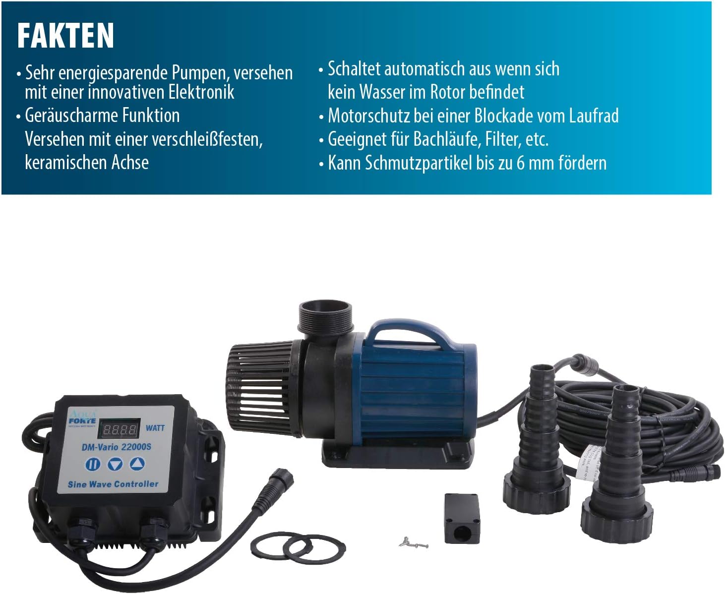 AquaForte Filter-/Teichpumpe DM-22.000 Vario S, 70-200W, Förderhöhe 7,5m, regelbar mit externem Controller. Ideal als Teichpumpe oder als Bachlauf- /Wasserfallpumpe.