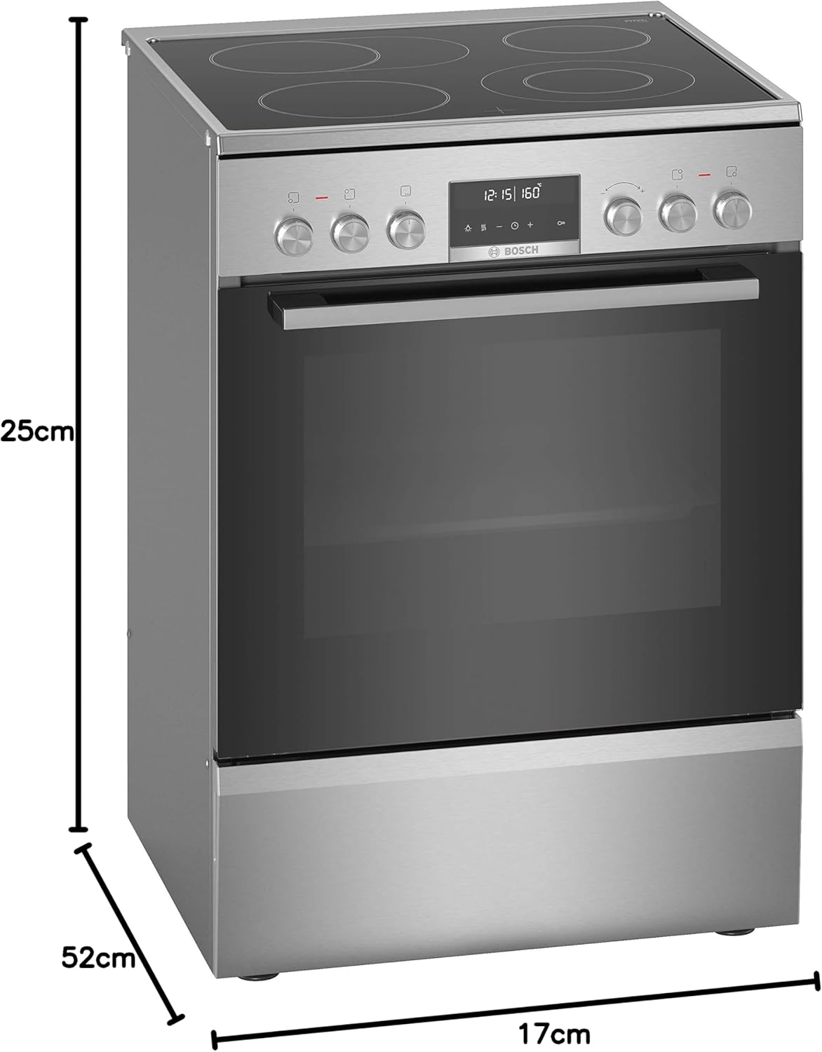 Bosch HKR39C250 Serie 4 Elektro-Standherd, 60 cm breit, EcoClean Direct Reinigungshilfe, 3D Heißluft Backen auf 3 Ebenen, LED-Display-Steuerung, erweiterbare Kochzone für großes Kochgeschirr