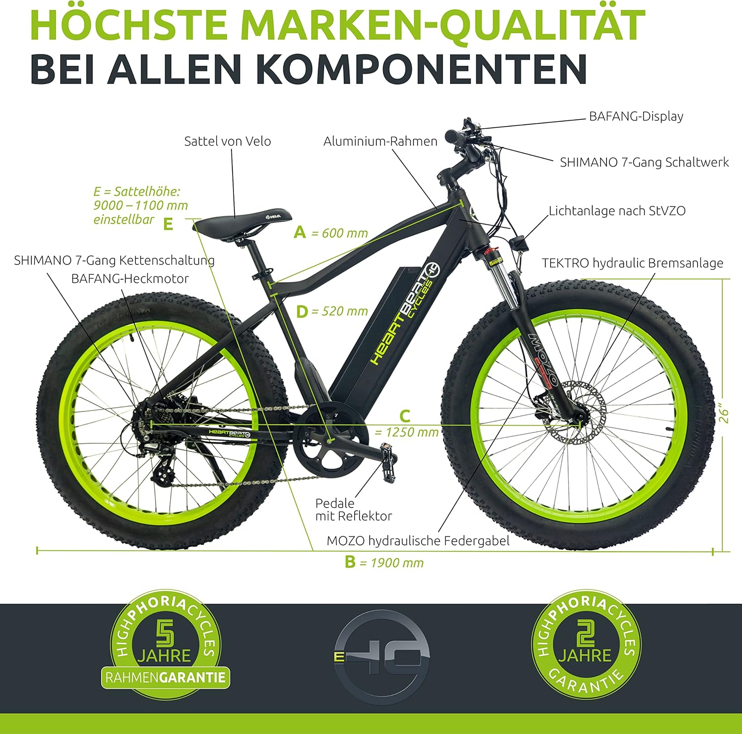 Highphoria Elektrofahrrad Erwachsene, 250W 25 km/h E-Bike mit Batterie, Starker Motor, Kettenschaltung, E-Mountainbike mit Hydraulische Federgabel Pedelec für Damen & Herren