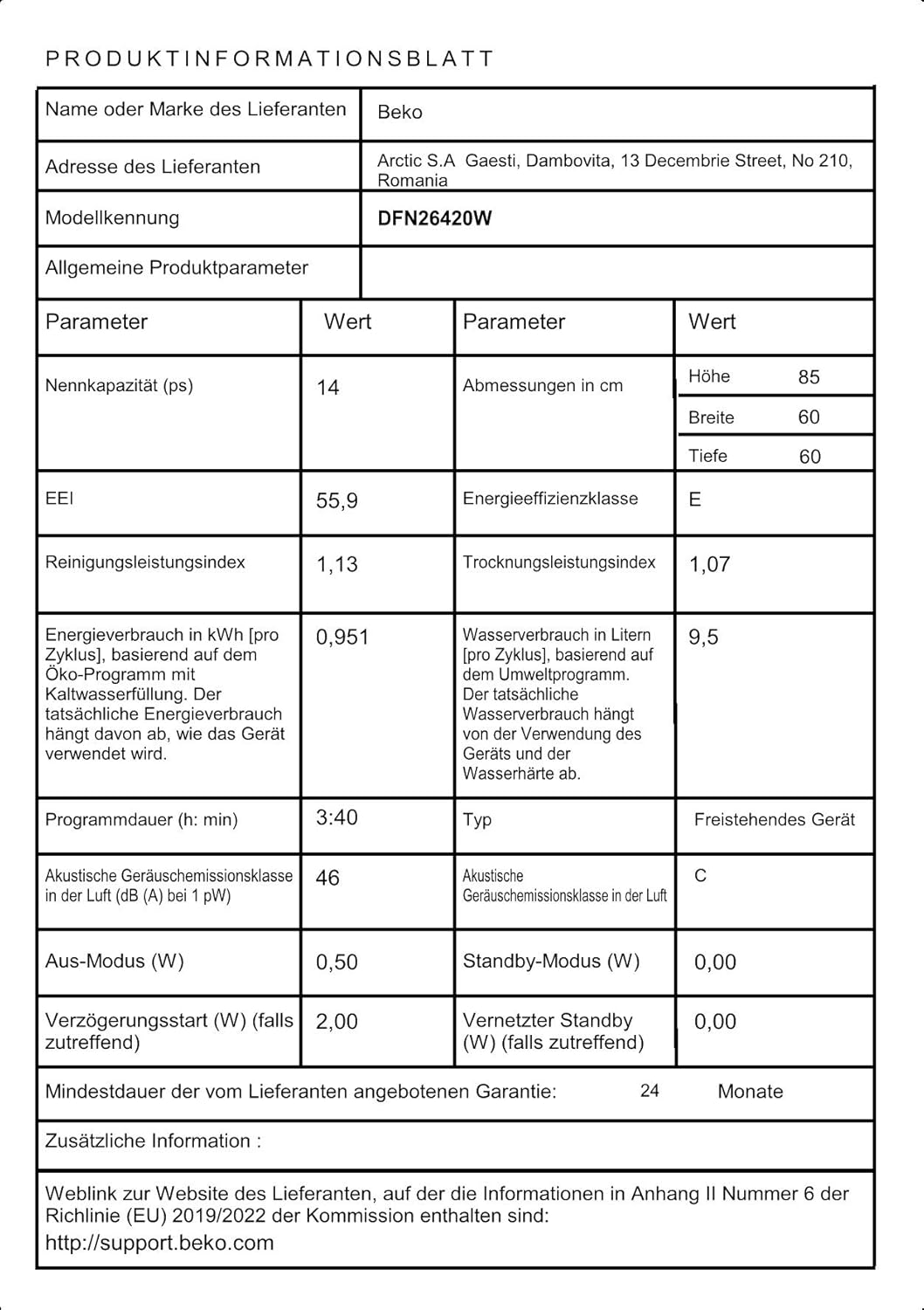 Beko BDFN26420W b300 freistehender Geschirrspüler, unterbaufhig, Platz für 14 Magedecke, Pro Inverter Motor, TrayWash, HygieneIntense, 6 Programme, WaterSafe+, Wei